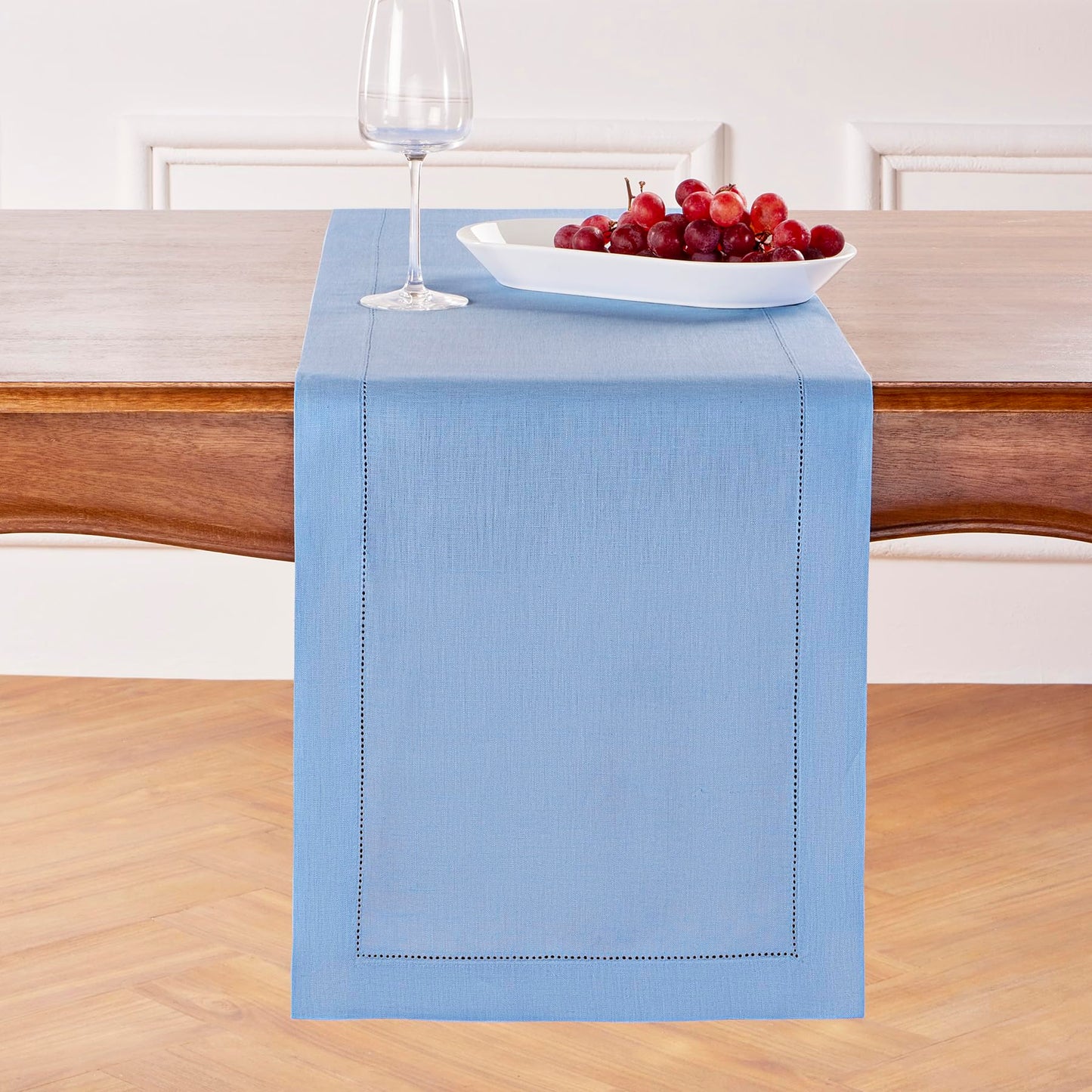 Solino Home 100% Pure Linen Table Runner Garden Green Hemstitch, 14 x 48 in | Classic Hemstitch Table Runners for dining, hallway and console table styling | hand hemstitched borders | OEKO-TEX Certified BST326SOLH