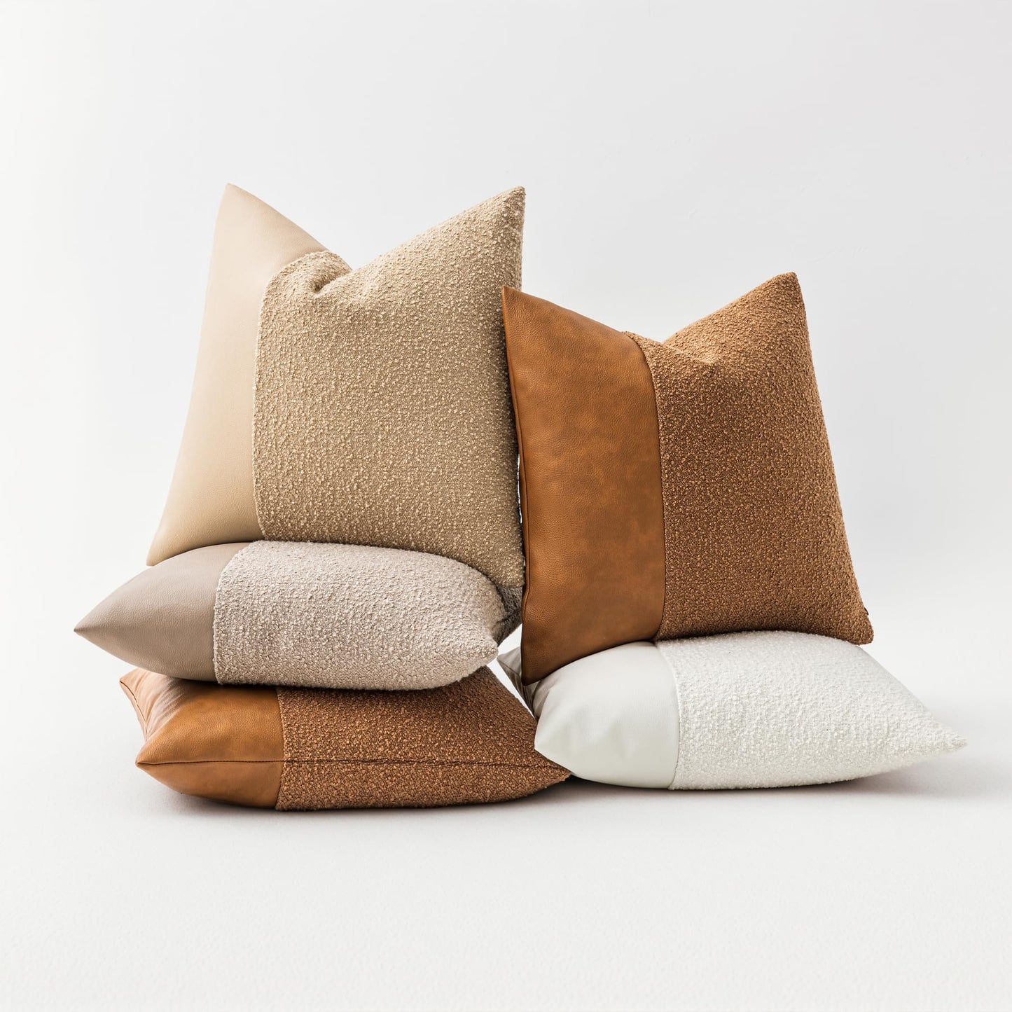 Set of 2 Fluffy Boucle Pillow Covers 18"x18", Oatmeal Textured Throw Pillow Covers with Faux Leather Accents, Boho Decorative Pillow Cases for Couch, Bed, or Farmhouse Home Decor BST220