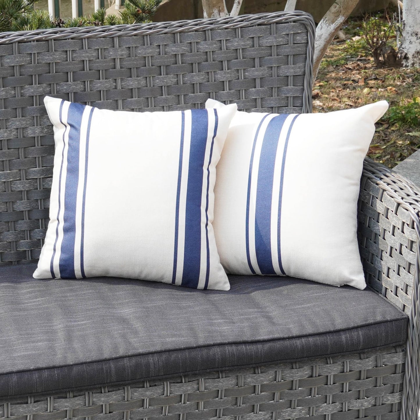 ONWAY Outdoor Pillow Covers Waterproof 18x18 Set of 2 Decorative Linen Throw Pillow Cover Beige and Black Striped Outdoor Pillows for Patio Furniture BST220