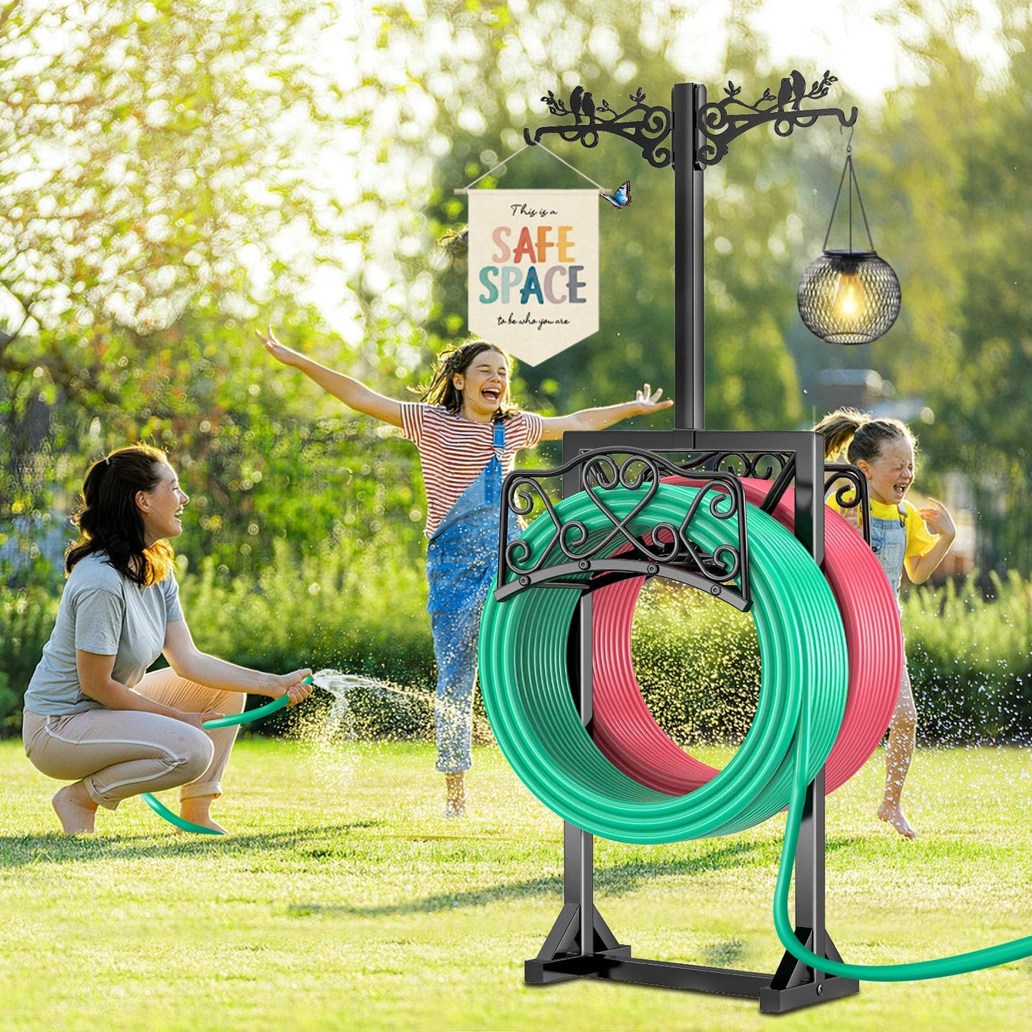 Garden Hose Holder, Freedstanding Heavy Duty Garden Water Hose Holder Stand with 2 Shepherds Hooks, Detachable Metal Hose Storage Hanger Rack for Outside Yard Lawn Farm DD1210