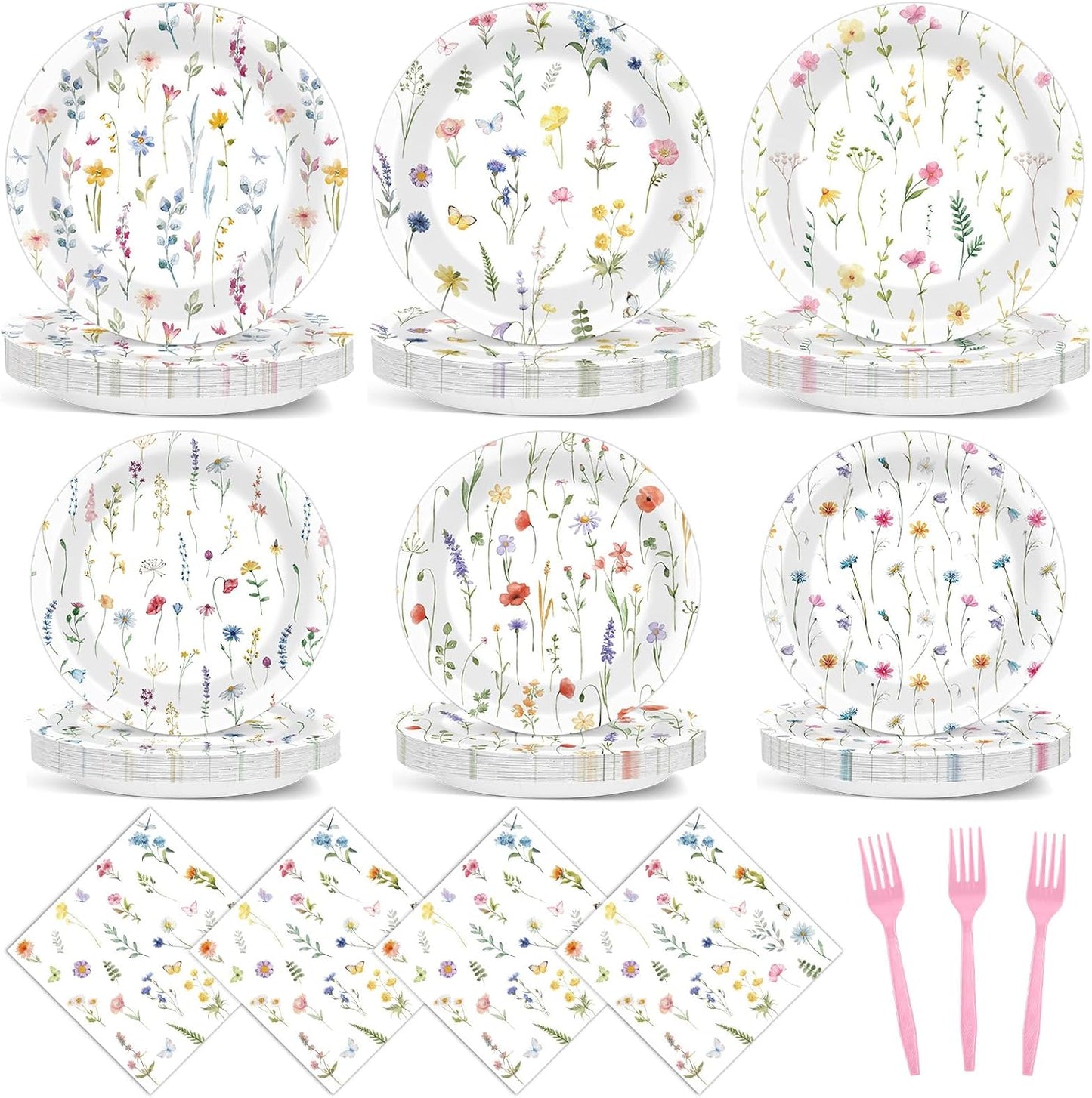 96Pcs Wildflower Party Supplies Floral Themed Paper Plates Napkins Wildflower Butterfly Tableware Disposable Dinnerware Decoration Set for Girls Birthday Wedding Bridal Baby Shower Party Table Decor BST202