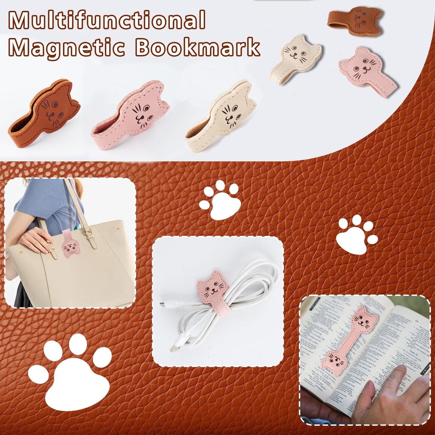 Zkptops Magnetic Leather Bookmarks Cute Cat Book Markers for Reading Women Men Strong Magnet Bookmark Clips Page Mark Unique Books Accessories Gifts for Book Lovers Teachers Students Reader (Brown) BST326L