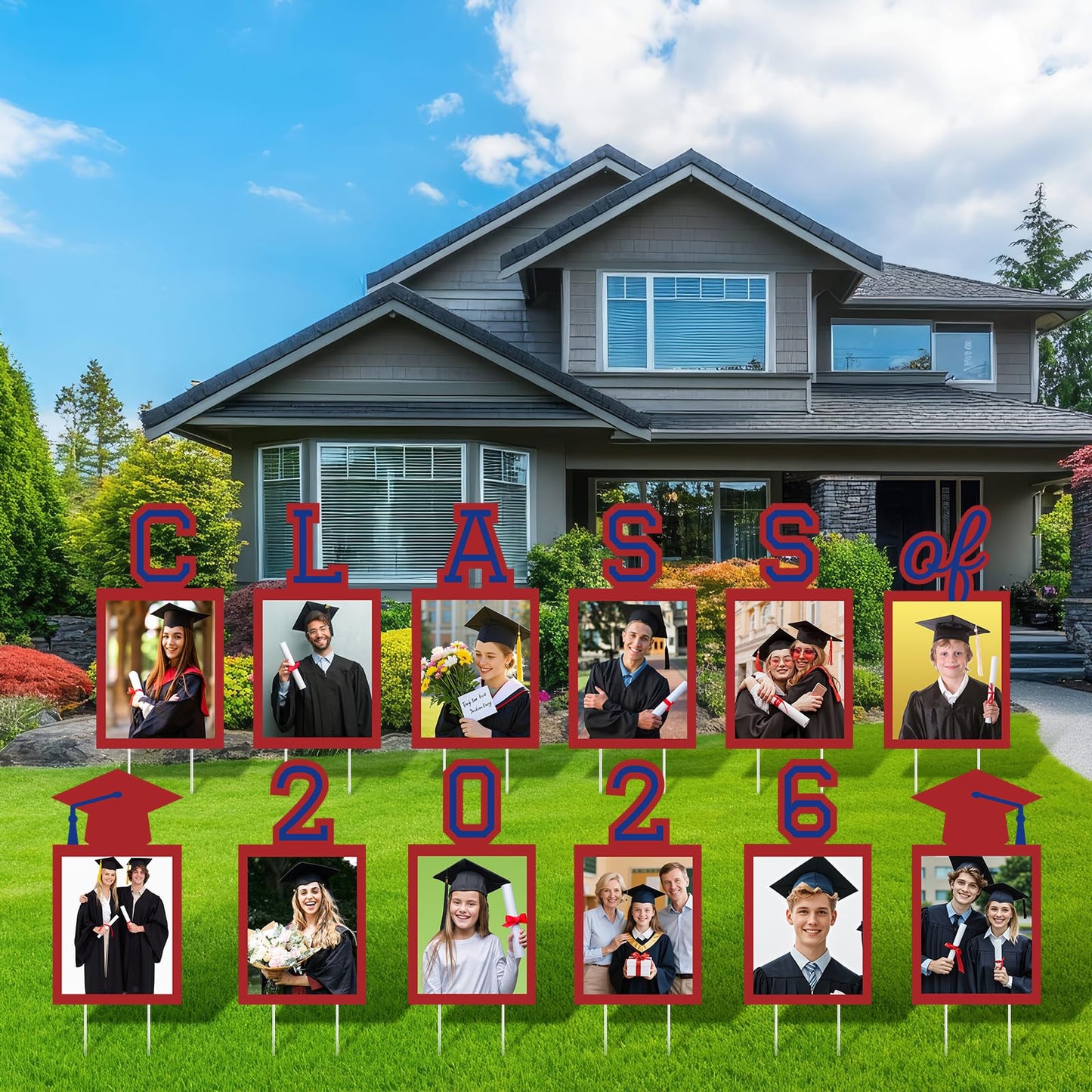 12 Pcs Graduation Photo Yard Sign Decorations 2026, K-12 Grade Graduation School Picture Frame Lawn Sign with Stakes for Kindergarten Middle High School Class of 2026 Grad Party Decorations, Red WN420