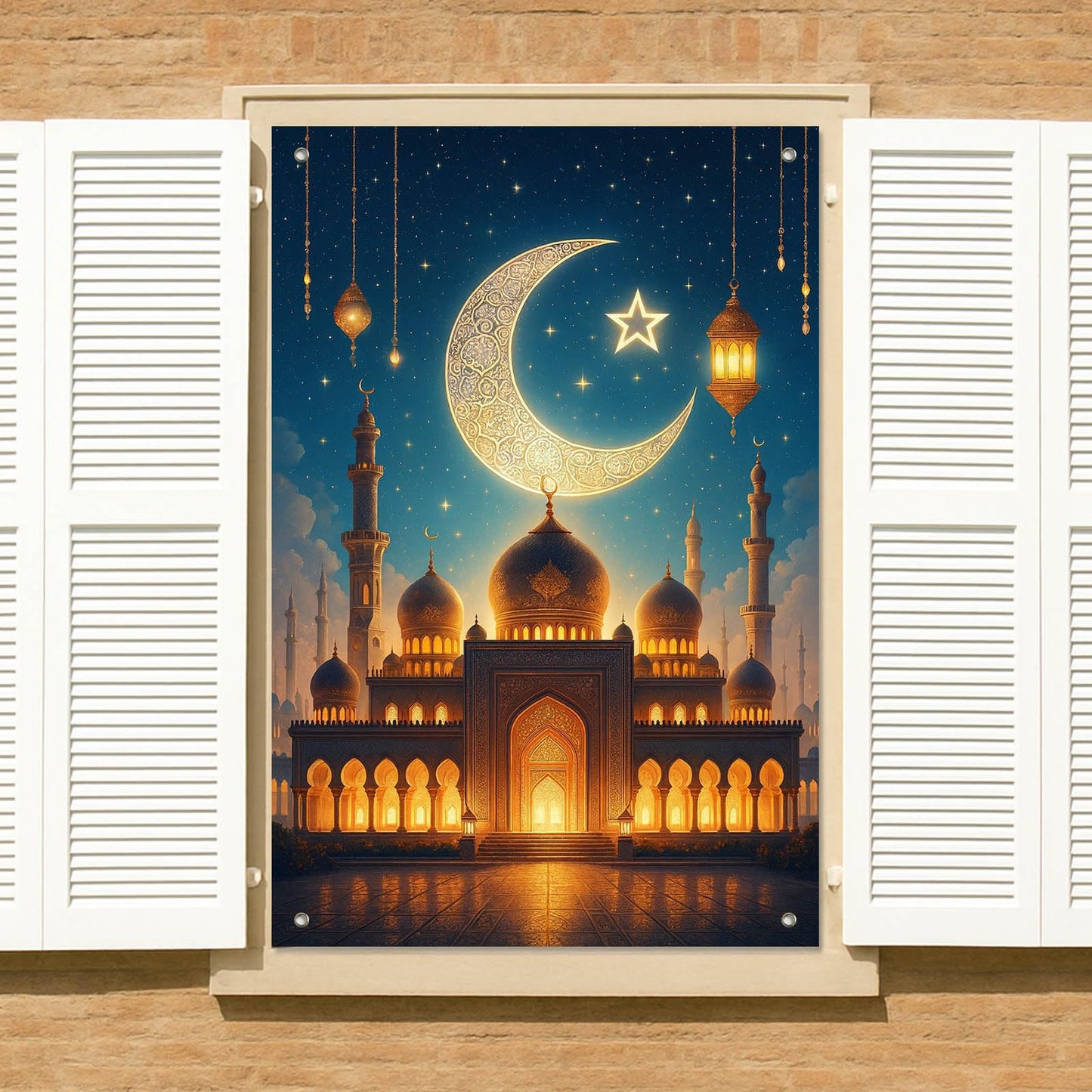 HOMETITUTE Eid Ramadan Window Banner Holiday Curtain Backdrop 31x47 Fabric | Mubarak Cover Festival Screen Windows Banner Hanging Living Room Bedroom Home Crescent Moon Star Pattern Design BST326H