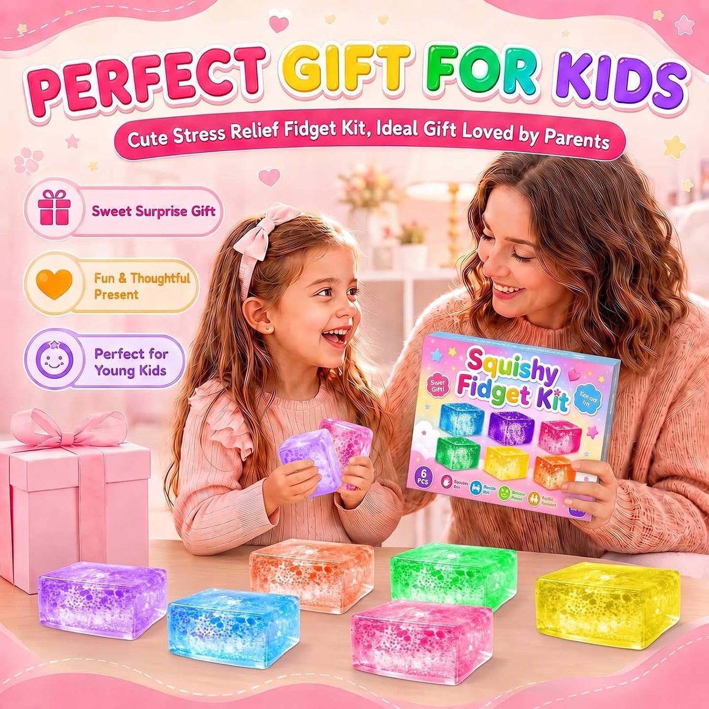 BENWIL 6 Pack Big Glitter Sugar Ice Cube Squishy Stress Balls Kit - Cube Squeezee Fidget Squishy Box Toys for Kids Adults, Holiday and Birthday Gifts, Perfect Party Toy Gift, Easter Basket Gift BST326H