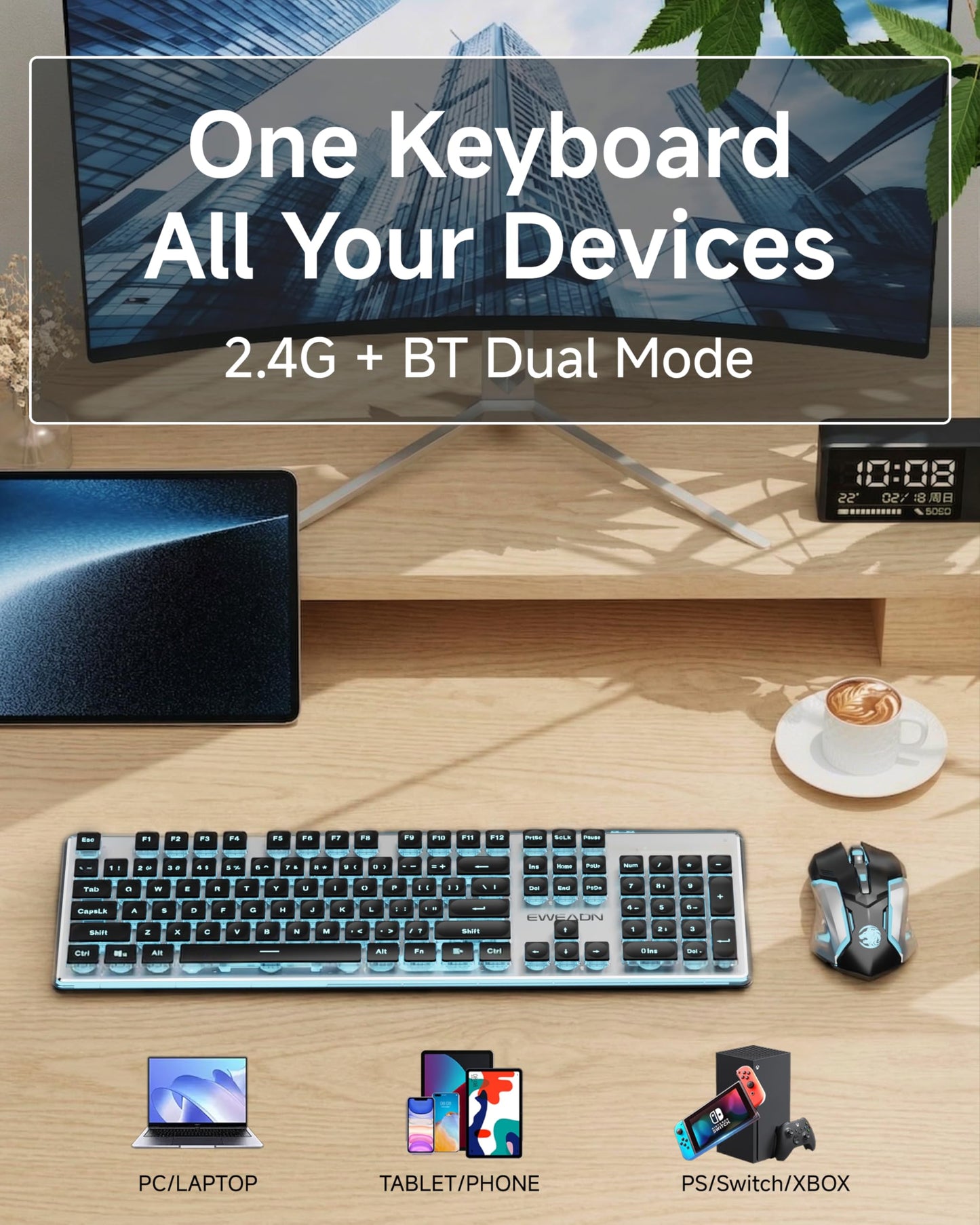V3 Wireless Keyboard and Mouse with Single Backlit, Metal Panel, Bluetooth/2.4G Rechargeable Computer Keyboard and Mouse Combo Silent Lighted Full Size Cute Keyboards-White
