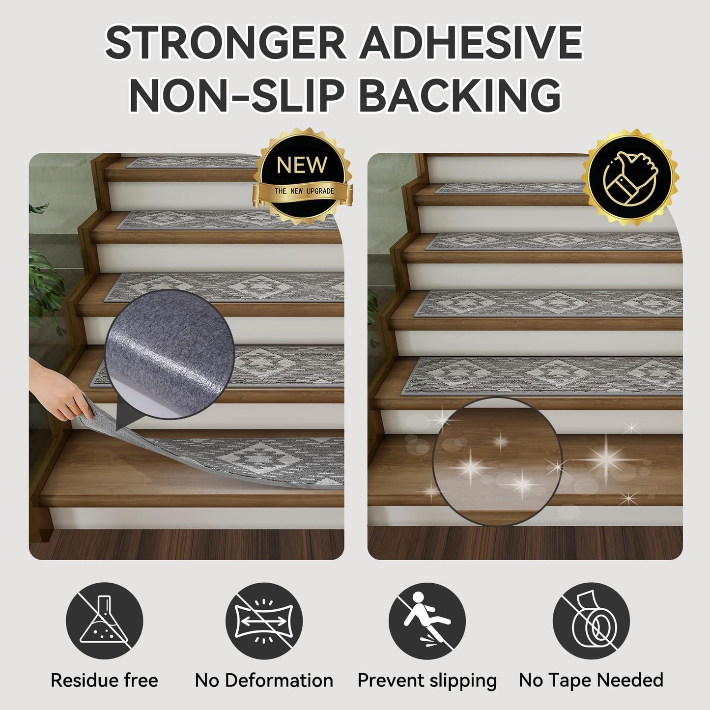 YDKGL Stair Treads Non Slip Indoor 4PCS, Rubber Backing Stair Runner Rugs for Wooden Steps, Residue Free Stair Carpet Treads for Kids Elders and Pets, Machine Washable Stair Mats, Gray, 8" x 30" WN420