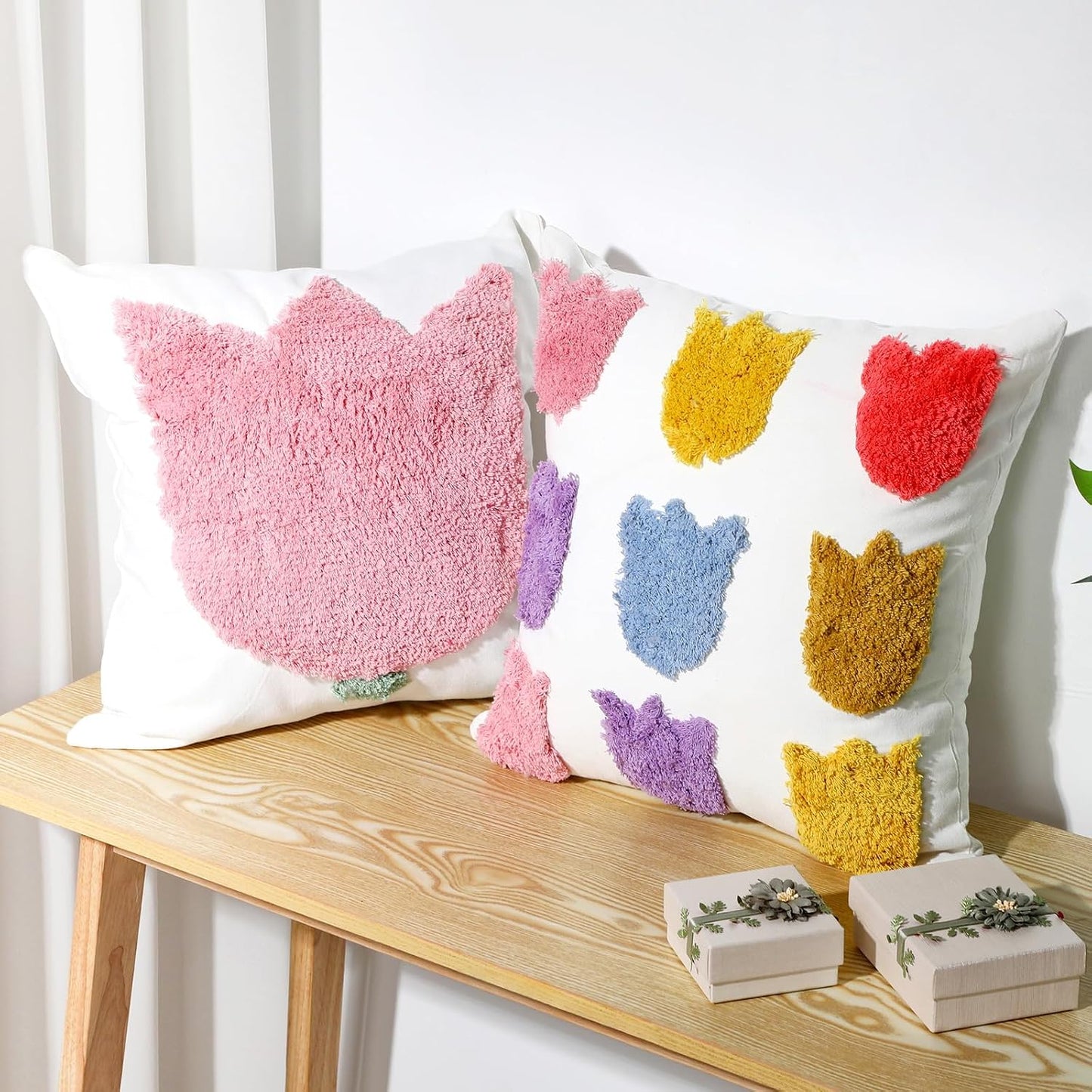 Mixweer Set of 2 Tulip Pillow Covers 18x18 Inch Embroidered Floral Pillowcases Soft Plush Farmhouse Decor Floral Throw Pillow Cover with Zipper for Summer Spring Mother's Day Home Sofa Holiday Decor BST326L