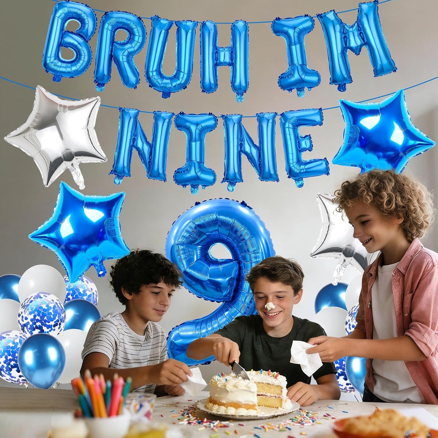 9th Birthday Decoration Balloon Banner - 33 Pcs Blue Bruh Im Nine Letter Banners Number 9 Star Foil Latex Balloons for Boys And Girls Happy Birthday Celebration Party Decor Supplies BST326L
