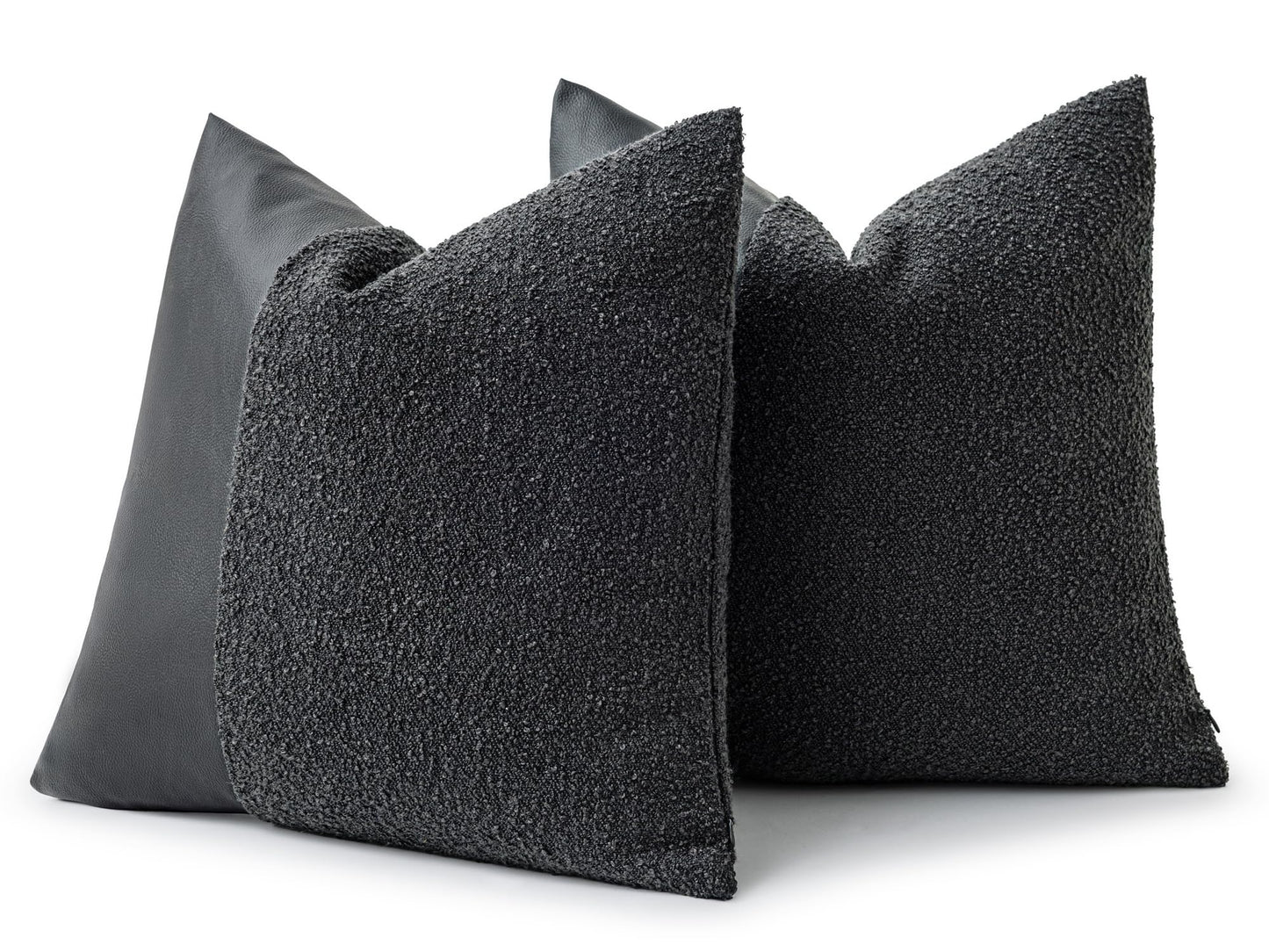 Set of 2 Fluffy Boucle Pillow Covers 18"x18", Oatmeal Textured Throw Pillow Covers with Faux Leather Accents, Boho Decorative Pillow Cases for Couch, Bed, or Farmhouse Home Decor BST220