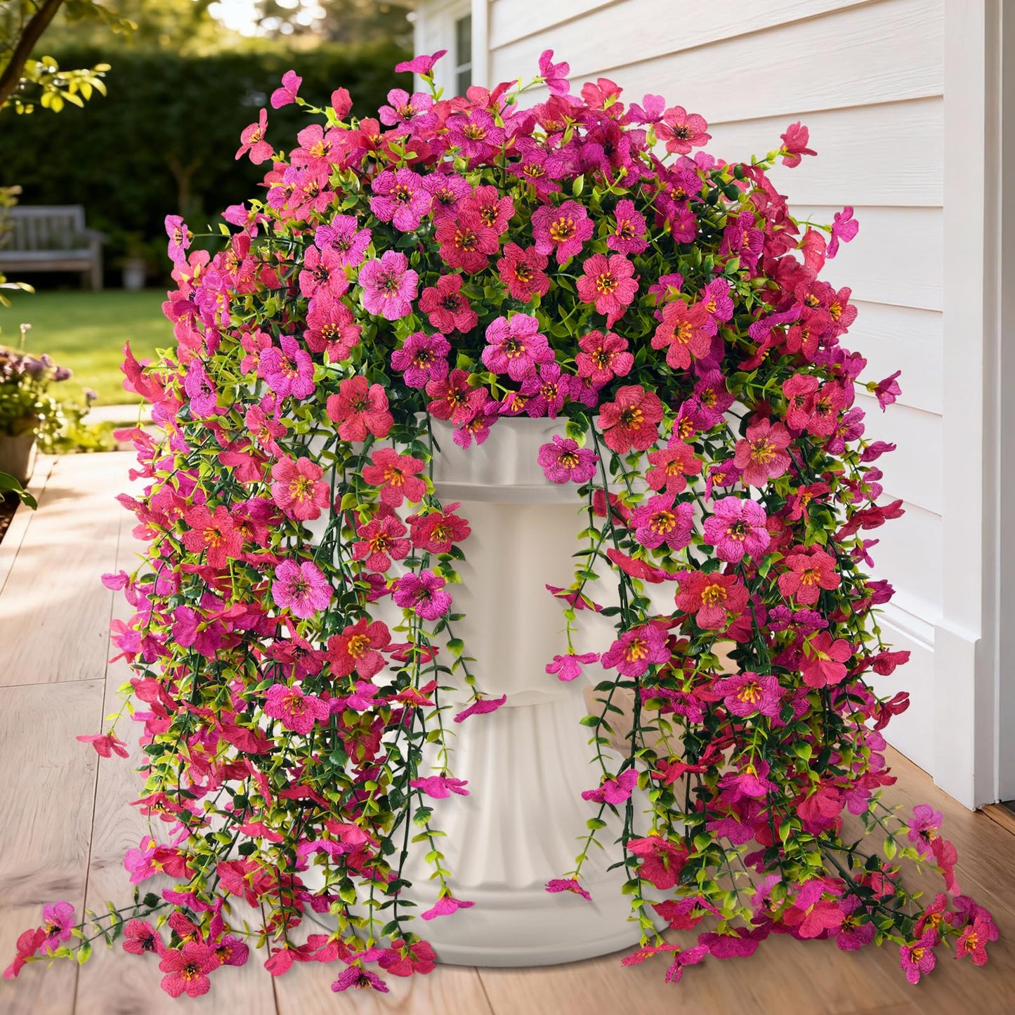 Artificial Hanging Flowers for Outdoor, 2PCS Fake Flowers Faux Silk Daisy with Eucalyptus Leaves, UV Resistant Aritificial Flowers for Spring Home Patio Yard Porch Decor (Light Purple Red) BST202