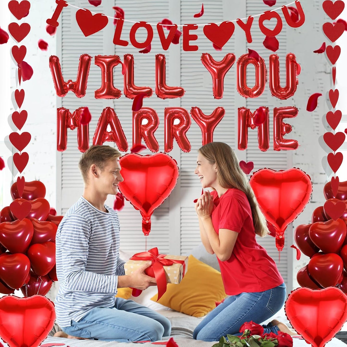 Will You Marry Me Decorations - 500+ Pcs Red Letter Balloons Banner Garlands Heart Rose Petals Party Decoration Set for Romantic Engagement Surprise Anniversary Proposal Valentines Day Supplies BST326L
