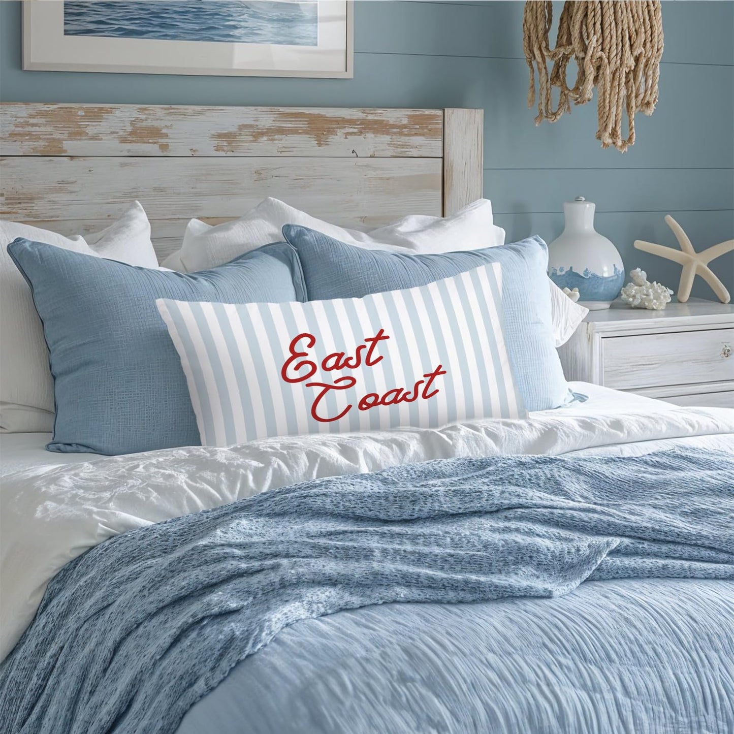 Coastal Beach Girly Room Decor 12x20 Pillow Cover, Preppy Beach Navy Blue Bikini Striped Decorative Lumbar Pillow Covers for Girls Bedroom College Dorm Sofa Couch BST326L