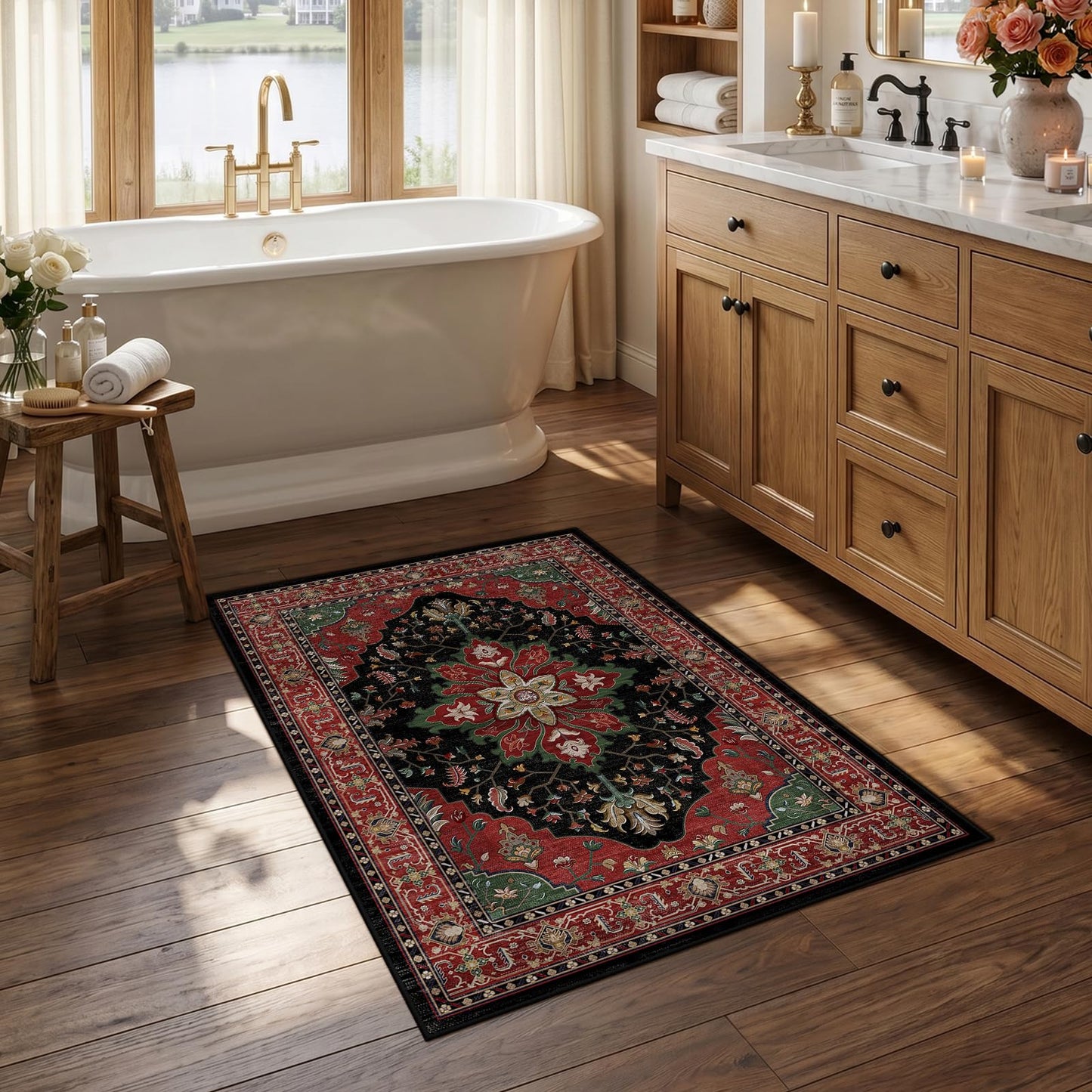 RELEANY Area Rugs Runner 2'x6' Washable Non-Slip, Floral Vintage Distress Medallion Carpet for Kitchen Hallway Bedroom Beside Laundry Room Bathroom, Teal Green Lake Blue Turquoise DD1210