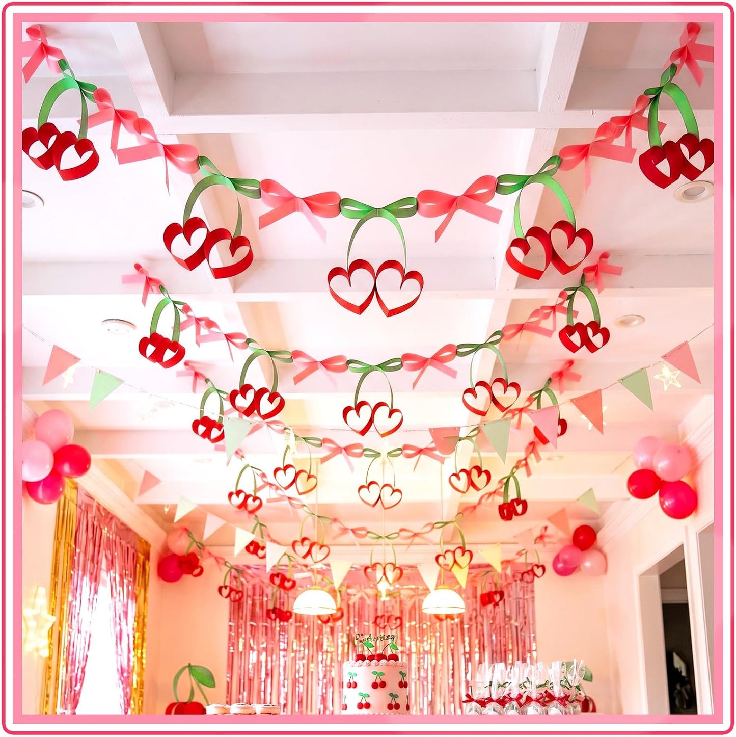 Gueevin 300 Sheets Cherry Paper Chain Strips, 41 ft DIY Paper Chain Garland Kit with Double Sided Tape, Cherry Bow Hanging Banner Decorations for Birthday Party Baby Shower Bridal Bachelorette Wedding BST326H