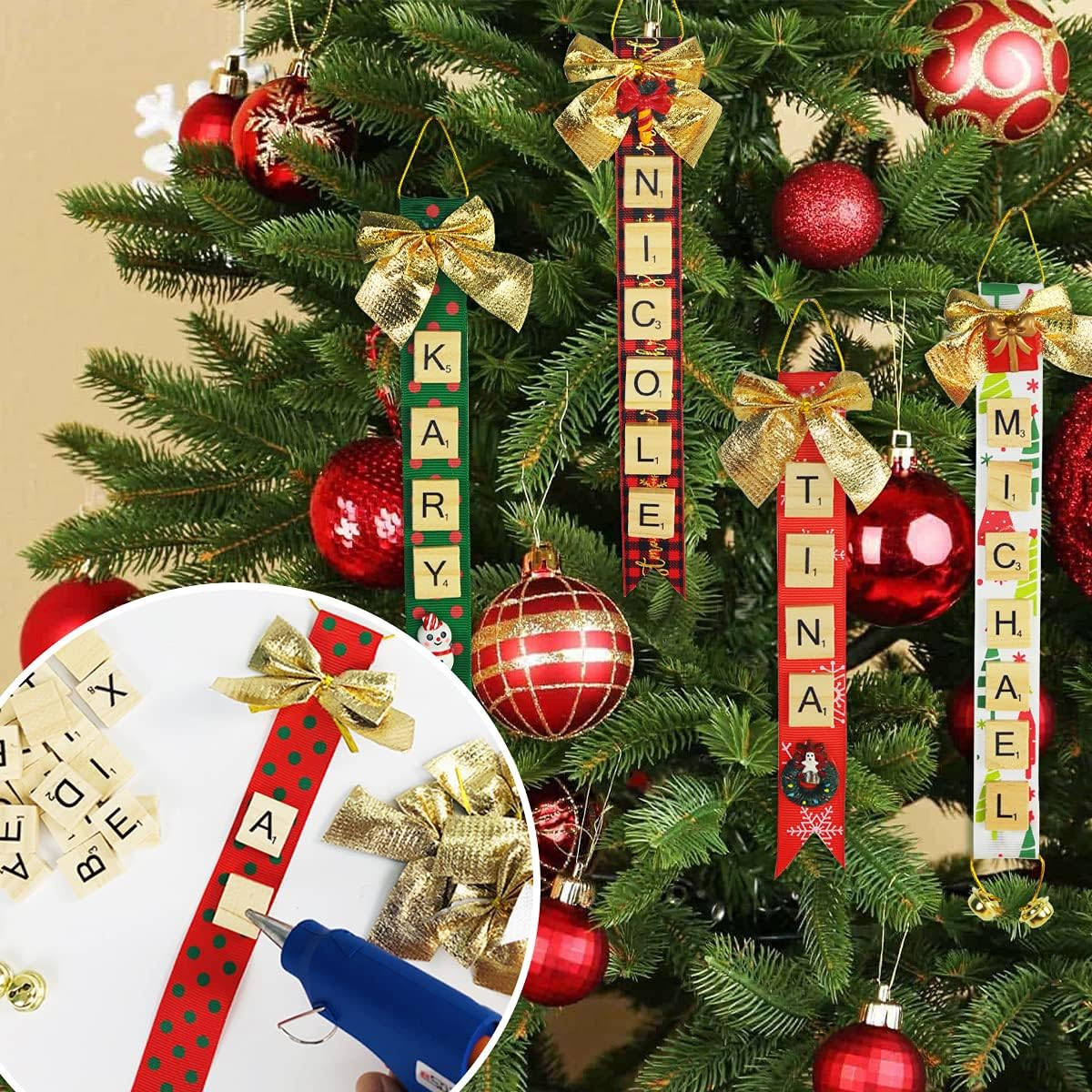 UNIIDECO Christmas Crafts Ornament Kits for Adults Kids, Xmas Tree Ribbon Name Ornaments DIY Making, Holiday Family Tree Decoration Sets, Letters Tiles Home Decor Ideas for Navidad Stocking BST326H