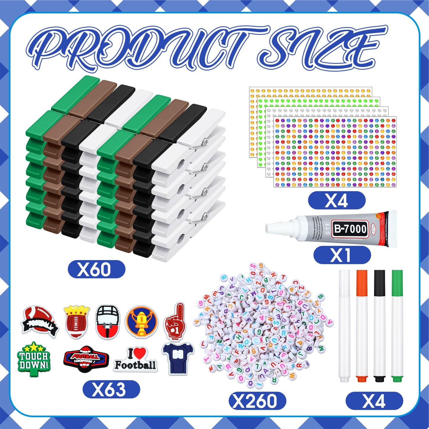 Amyhill 60 Sets Baseball Cheer Pins Wooden DIY Spirit Clips Clothes Pins with 260 Alphabet Beads 4 Rhinestone Stickers 4 Markers 9 ml Glue 60 Baseball Stickers for Cheerleaders Gifts Backpacks Decor BST326H