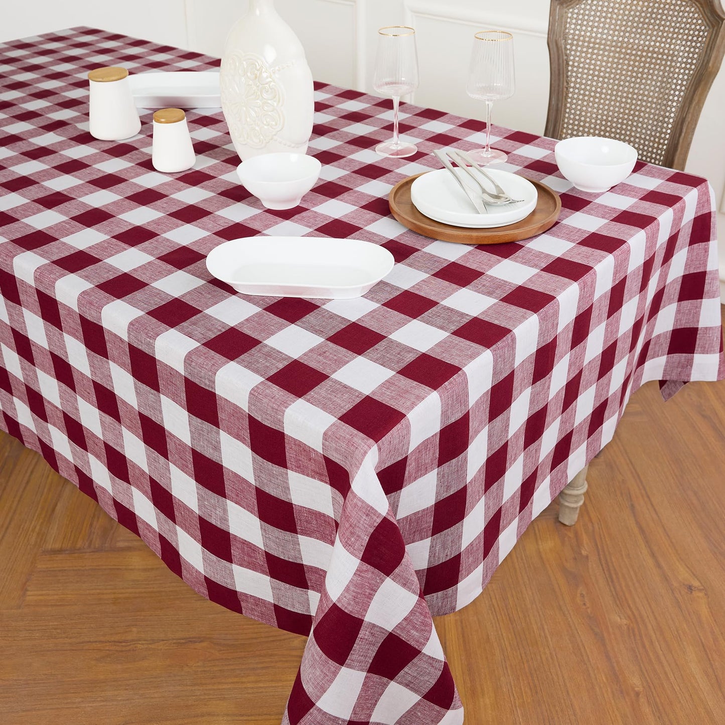 Solino Home 100% Pure Linen Rectangular Tablecloth Pink Check, 60 x 120 in | Buffalo Check Linen Table Cloth for dining and entertaining | buffalo checkered weave | Marshmellow Pink | OEKO-TEX Certified BST326SOLH