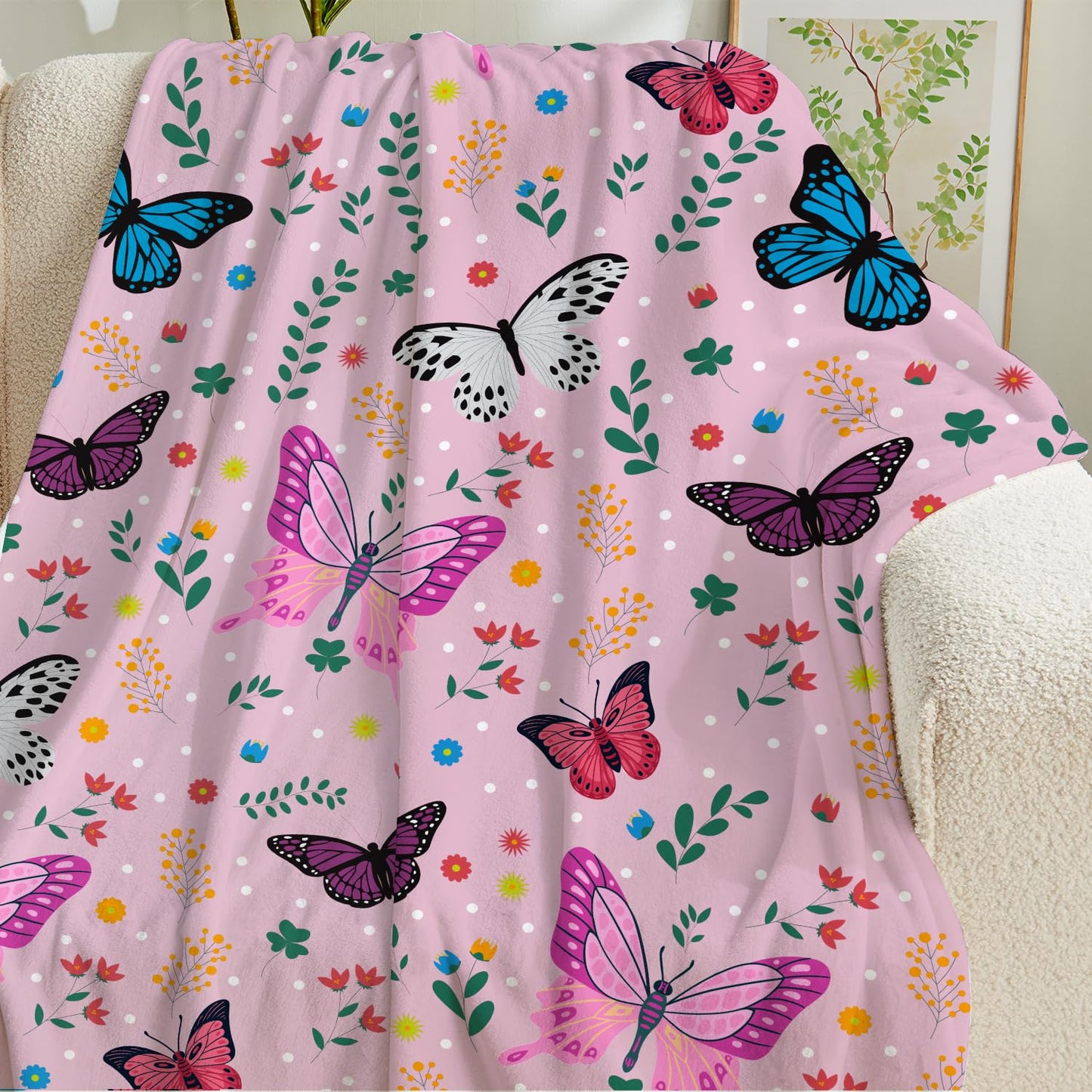 Butterfly Kids Throw Blanket for Girls Teens Toddler Pink Soft Fuzzy Flannel Bed Blanket Colorful Flowers Birthday Gifts for Women Girls Kids Teens Adults, 60”x80” BST326H