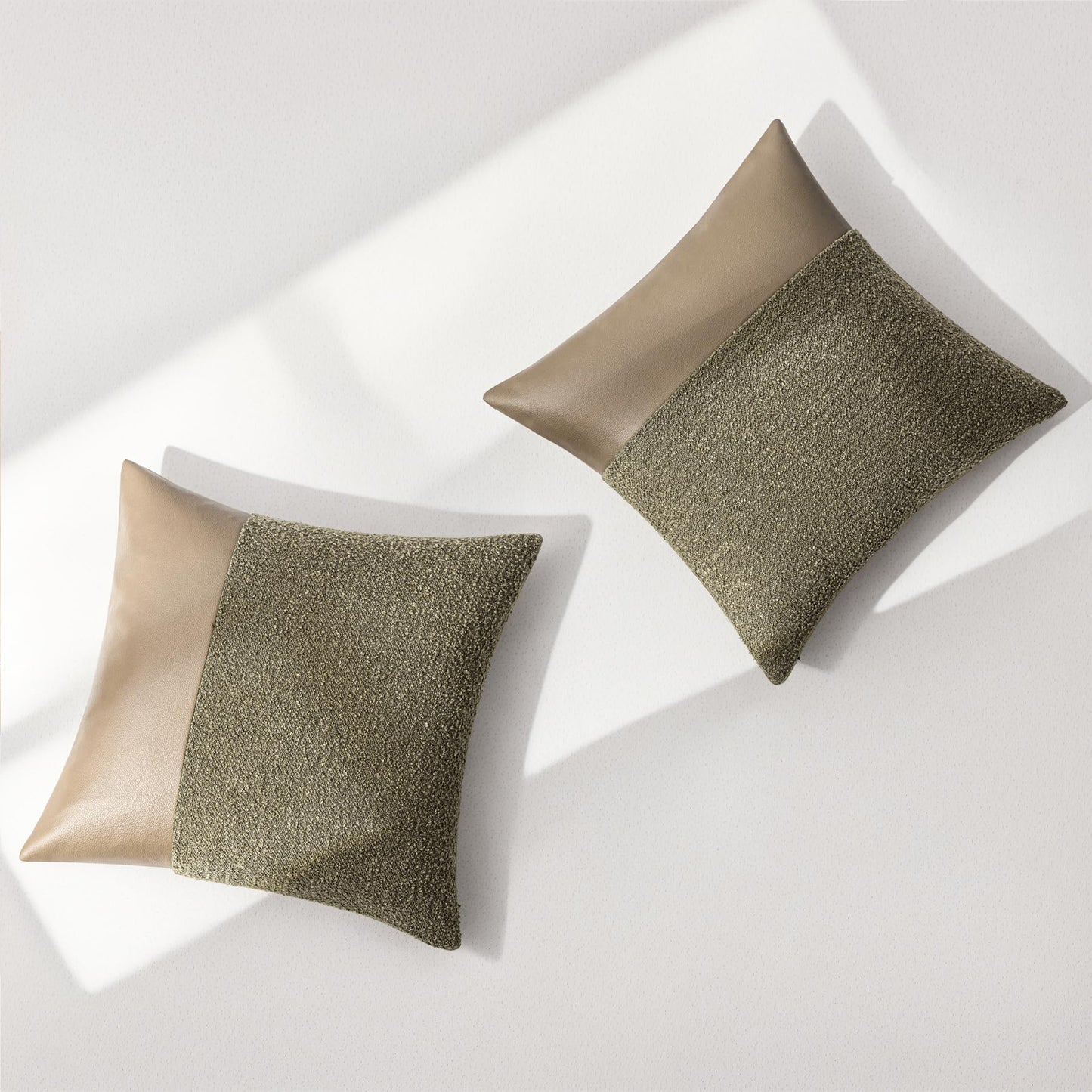 Set of 2 Fluffy Boucle Pillow Covers 18"x18", Oatmeal Textured Throw Pillow Covers with Faux Leather Accents, Boho Decorative Pillow Cases for Couch, Bed, or Farmhouse Home Decor BST220
