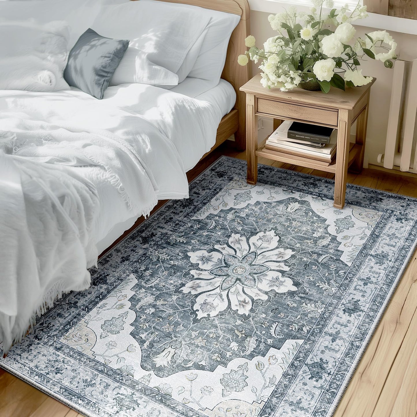 RELEANY Area Rugs Runner 2'x6' Washable Non-Slip, Floral Vintage Distress Medallion Carpet for Kitchen Hallway Bedroom Beside Laundry Room Bathroom, Teal Green Lake Blue Turquoise DD1210