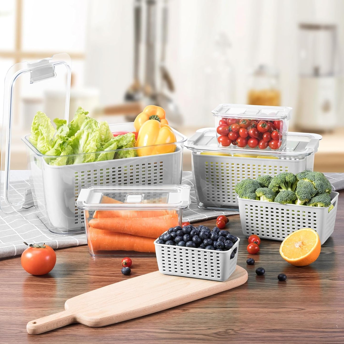 LUXEAR 4 Pack Fruit Vegetable Containers for Fridge, Produce Saver Container with Lids &Removable Colander BPA-free Refrigerator Storage Organizer for Fruit Vegetable, Berry, Meat keep Fresh Longer DD1210