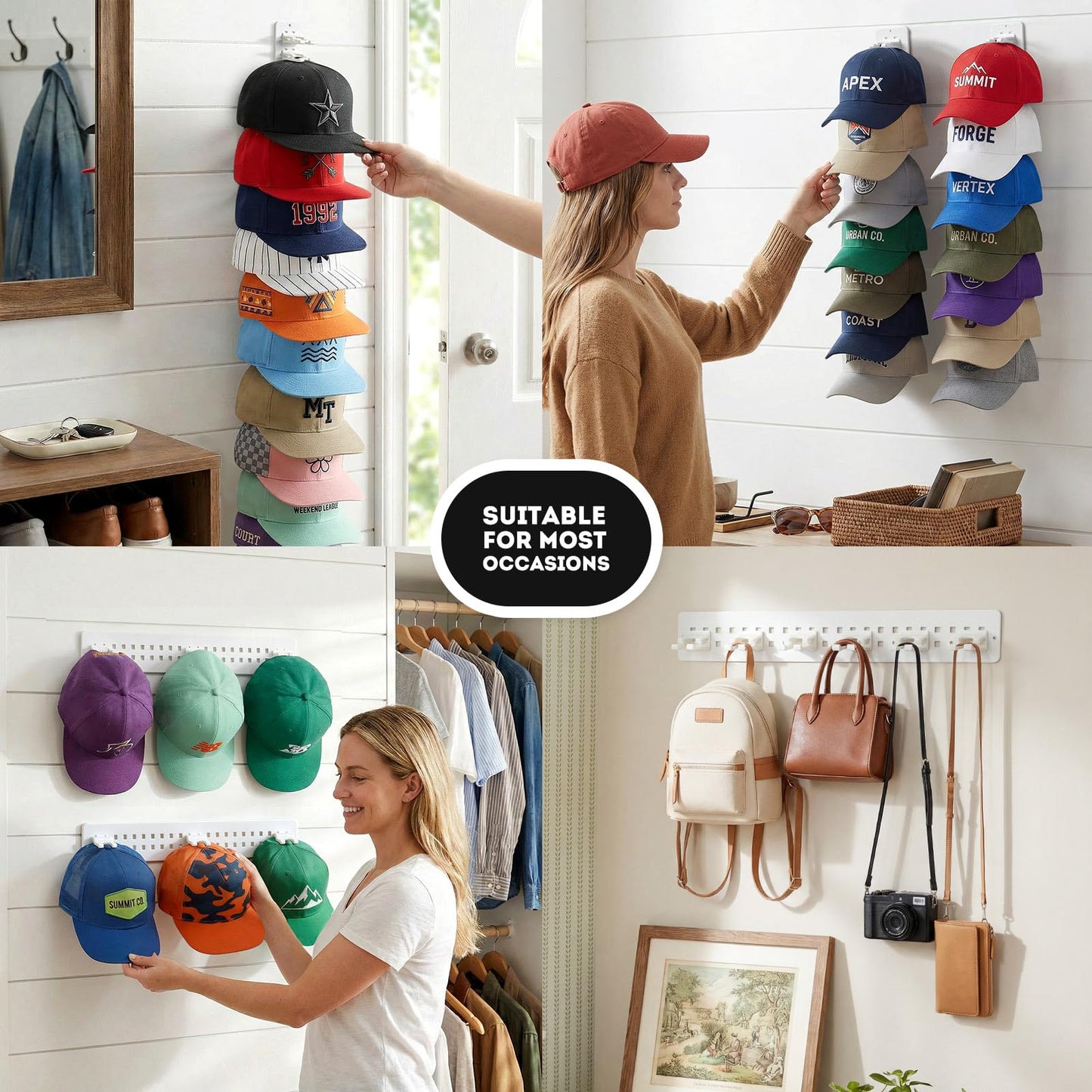 Hat Hook for Wall, 2 Pack Hat Organizer Hold up to 20 Hats,Hat Holder with Strong Adhesive and 8 Pack Screws, Cap Holder Hat Hangers for Wall Closet Door and Bedroom(B-Black) BST220