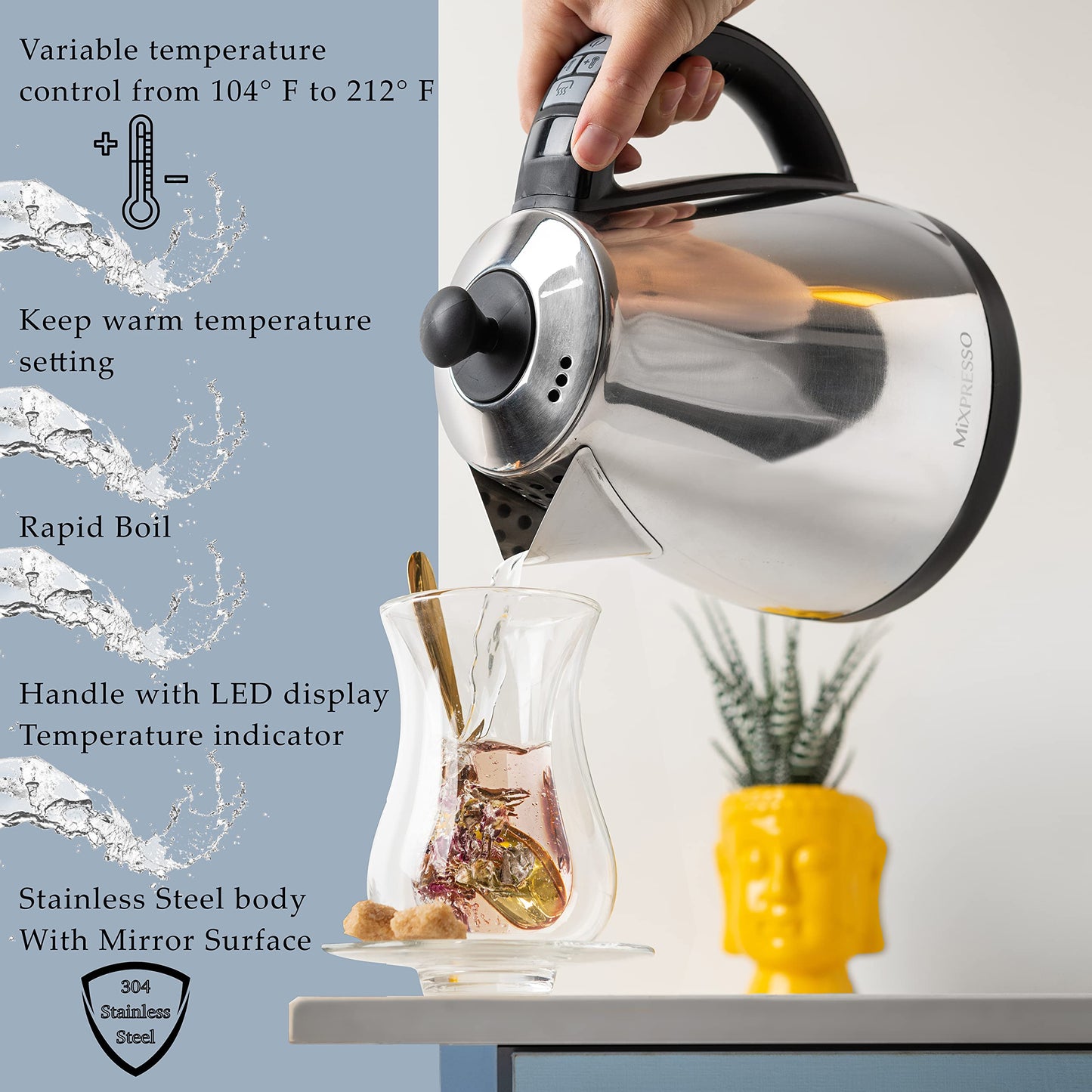Mixpresso Electric Kettle Temperature Control, Hot Water Kettle Electric, Cordless 1 Liter Capacity, Keep Warm & LED Indicator, Auto-Shutoff, Boil-Dry Protection, Stainless Steel Electric Kettle BST220