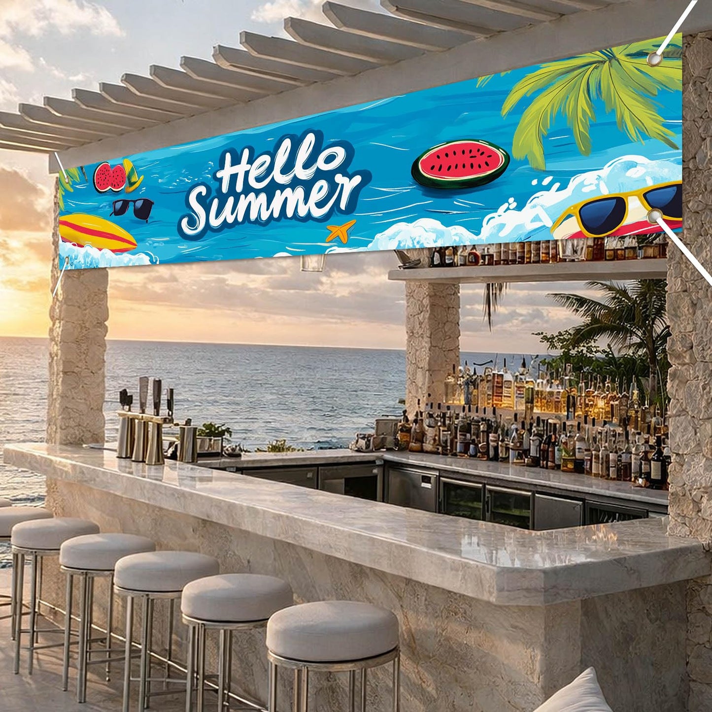 BlissYard Hello Summer Banner 118 x 20 Inch Pool Party Decorations Beach Surfboard Watermelon Tropical Fence Sign Hawaiian Luau Outdoor Backyard Wall Decor BST220