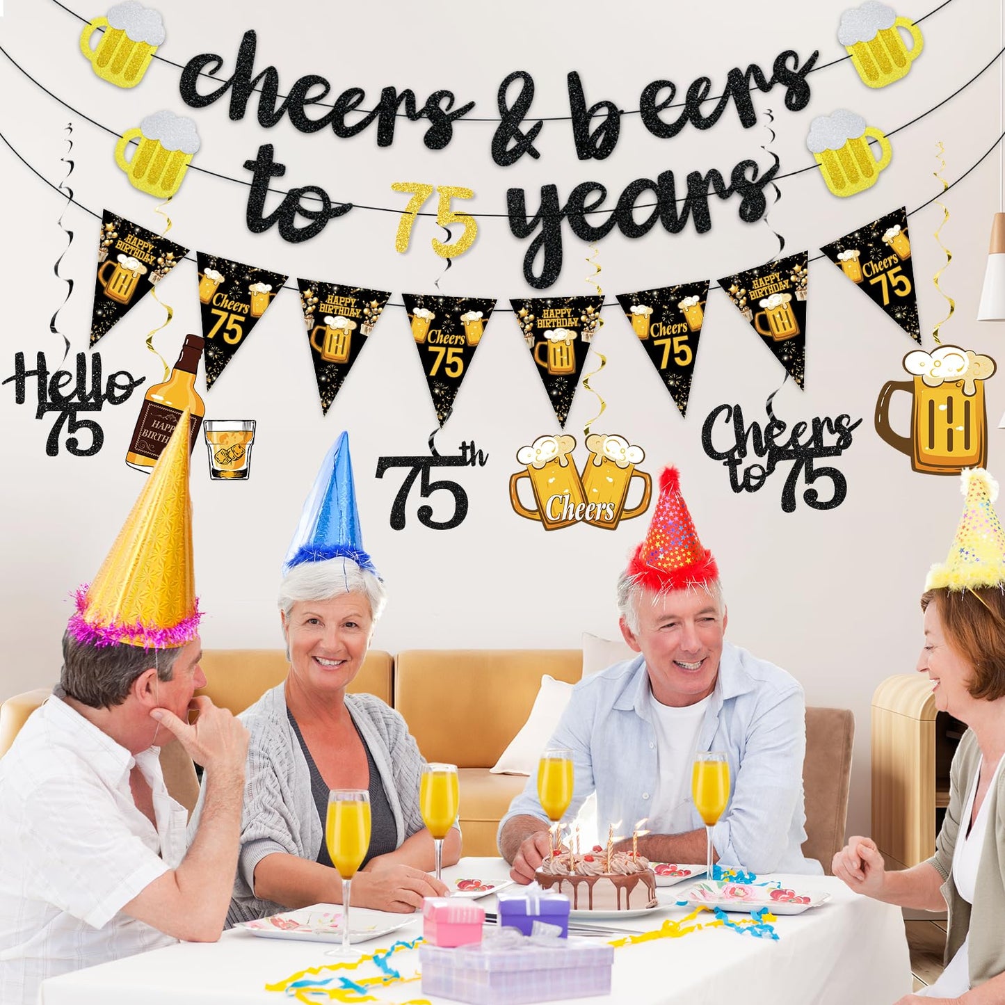 Black Gold 90th Birthday Decorations for Men Women, Glitter Pre-Strung Cheers to 90 Years Banner Hello 90 Hanging Swirls Paper Triangle Flag Banner Decorations Bday Party Supplies Kit WN420