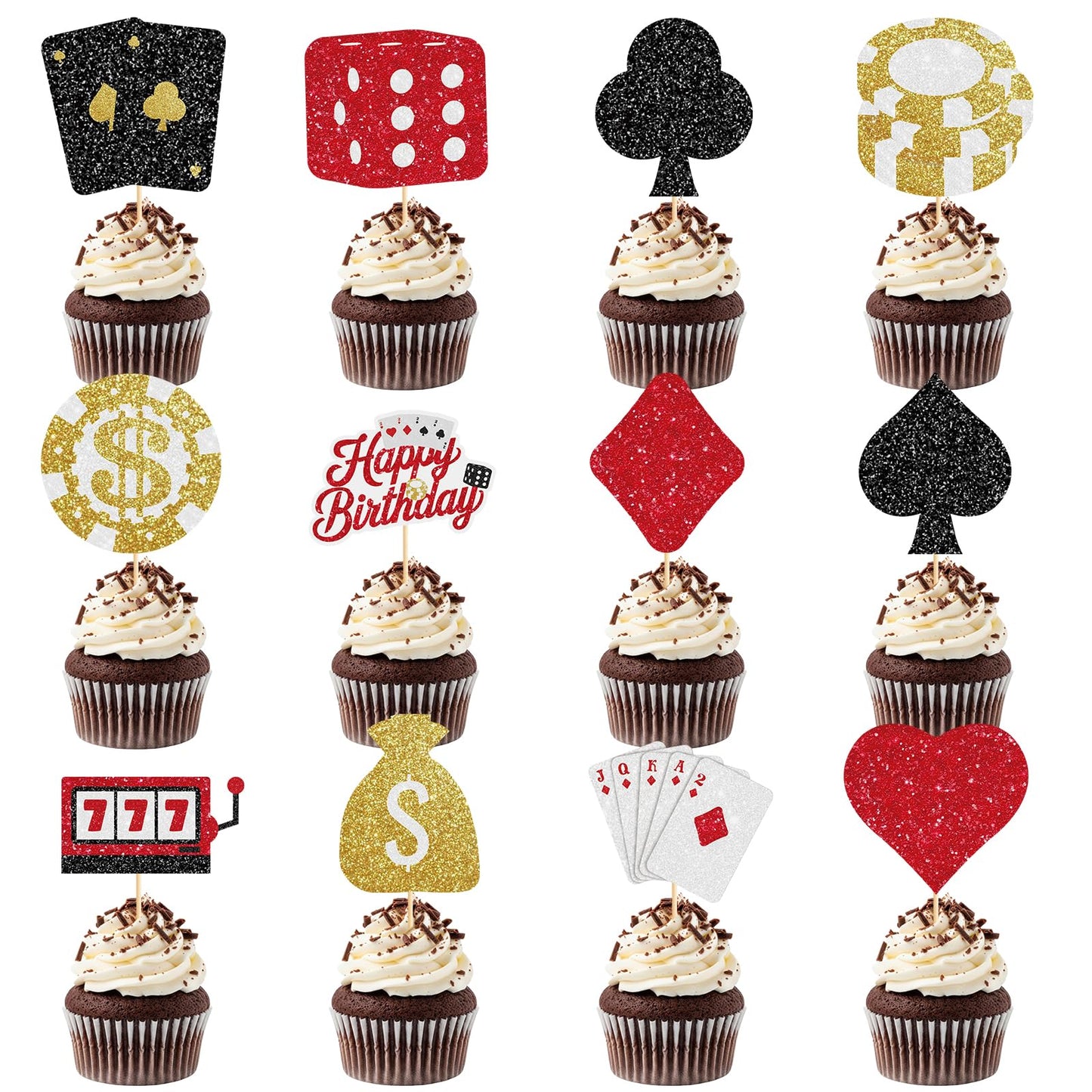 48 Pack Casino Cupcake Toppers Glitter Poker Chips Dices Mini Slot Machine Cupcake Picks for Las Vegas Casino Night Theme Birthday Party Baby Shower Decoration Supplies BST220