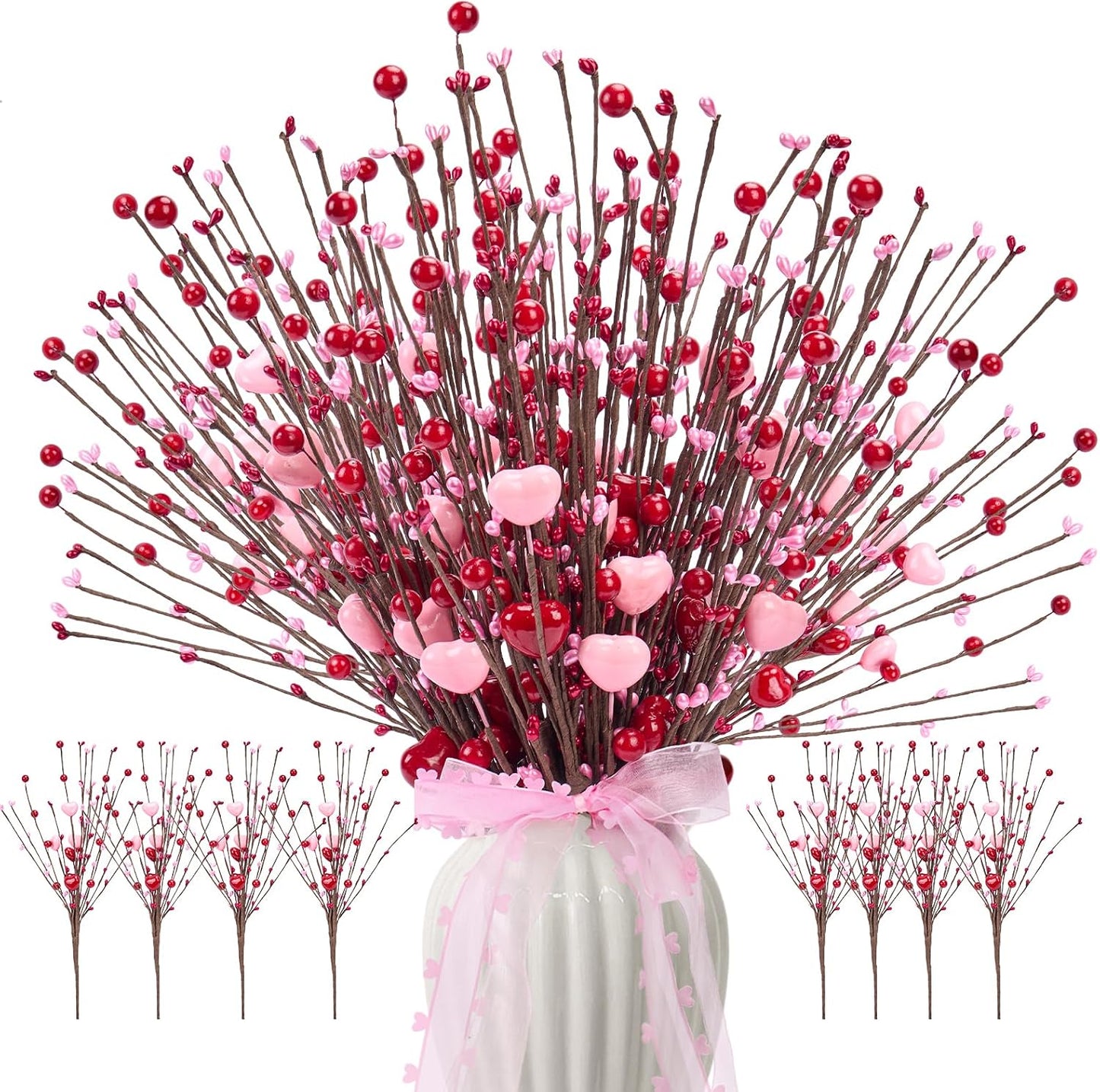 Wedding & Anniversary Decorations 8 Pcs 17 Inch Artificial Hearts Berry Stems, Romantic Wedding Floral Picks for Bridal Bouquets, Table Centerpieces & Vase Decor BST326H