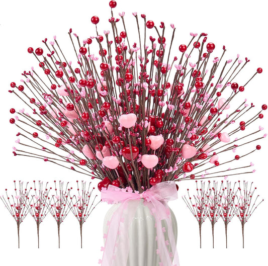 Wedding & Anniversary Decorations 8 Pcs 17 Inch Artificial Hearts Berry Stems, Romantic Wedding Floral Picks for Bridal Bouquets, Table Centerpieces & Vase Decor BST326H