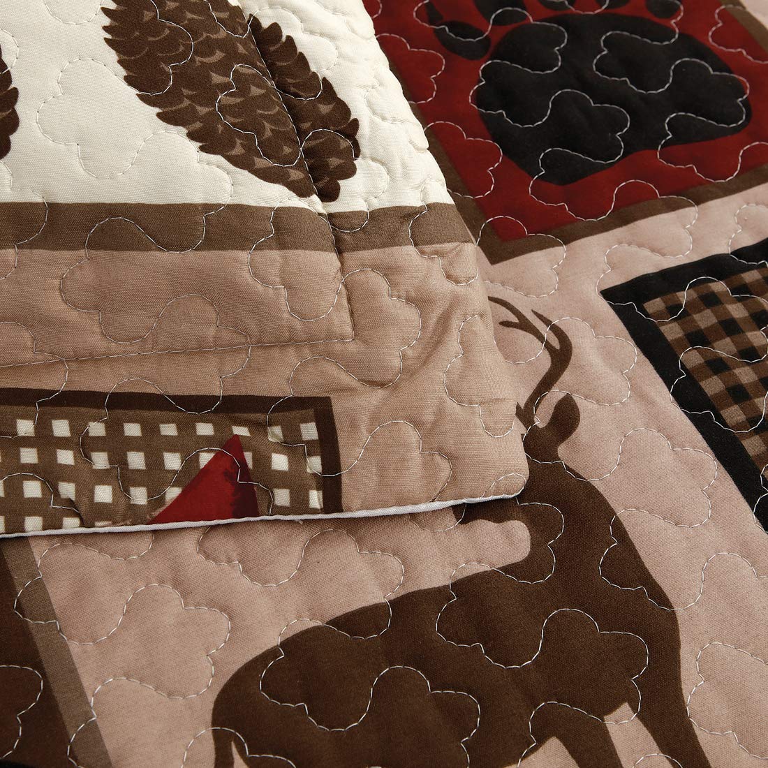 Rustic Moose Quilt Set King Size Lodge Quilt Lightweight Summer Cabin Bedspread Country Bedding Forest Bear Fish Pine Coverlet Daybed Cover Blanket Woodland Home Decor-Brown White BST220