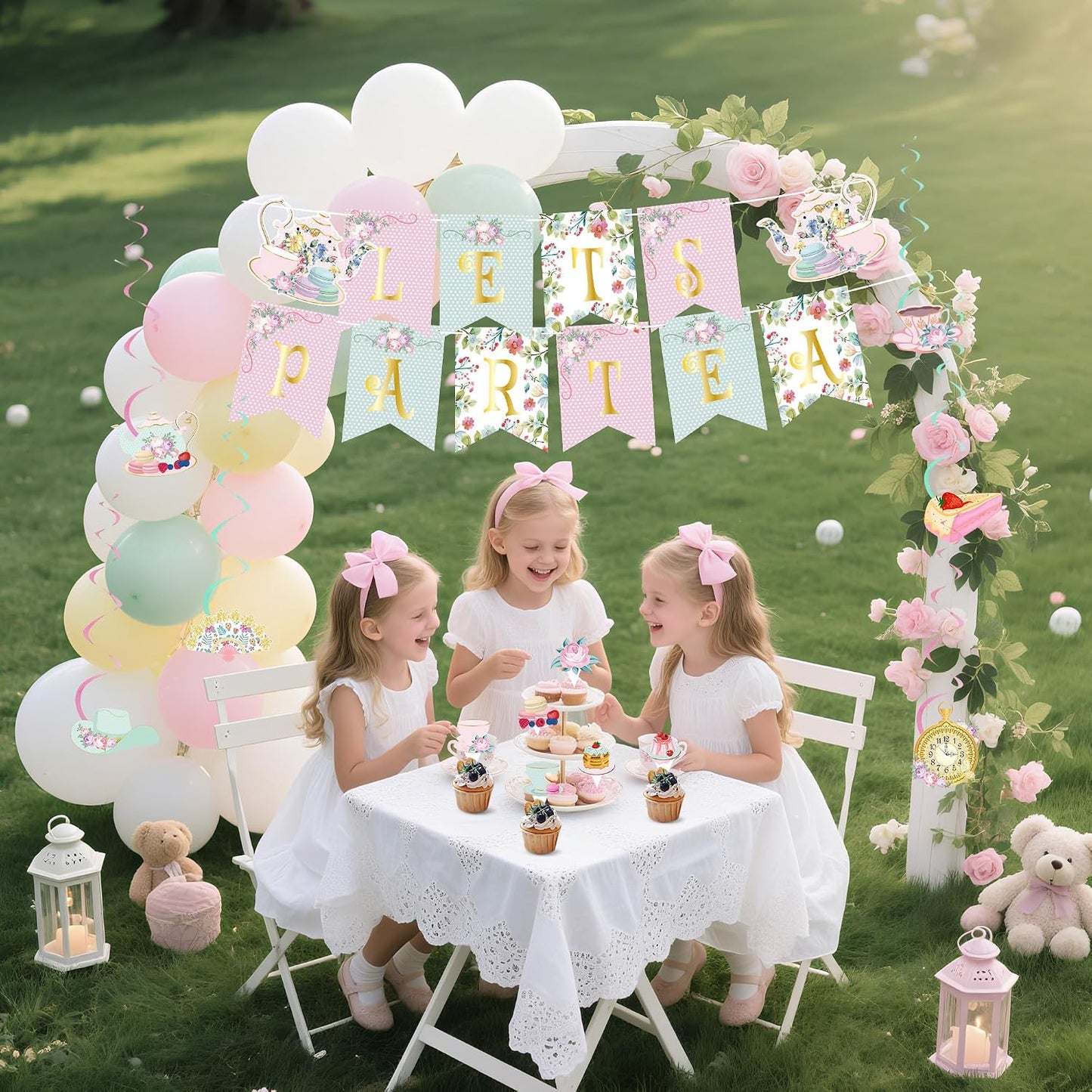 47Pcs Tea Party Decorations Set Floral Garden Party Decor with Balloon Arch, Banner, Cake Toppers, Hanging Swirls for Birthday, Bridal Shower, Baby Shower BST202