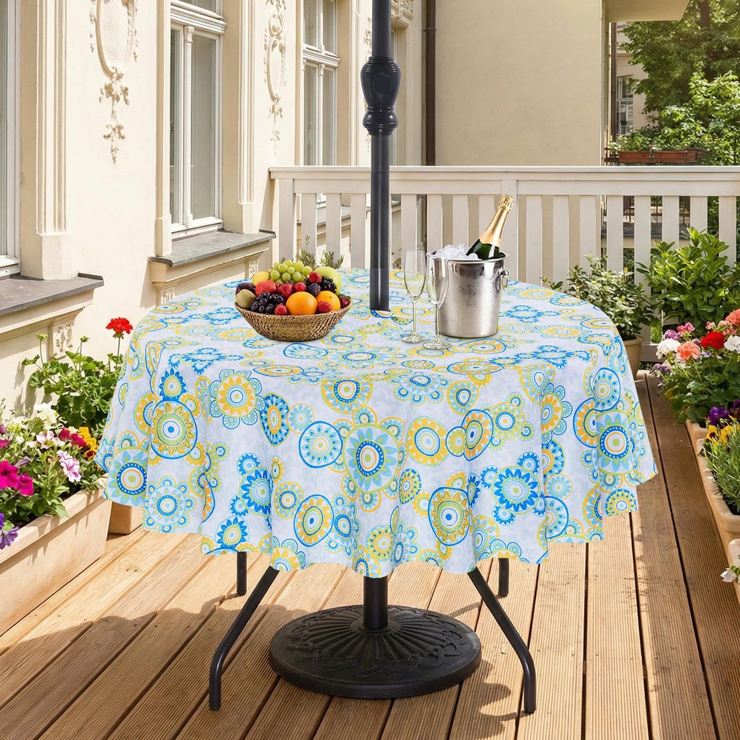 Eternal Beauty 52” Round Tablecloth Waterproof Outdoor Tablecloth with Umbrella Hole Zipper for Spring Summer Patio Picnic Tables (Tropical Palm Leaf) BST326H