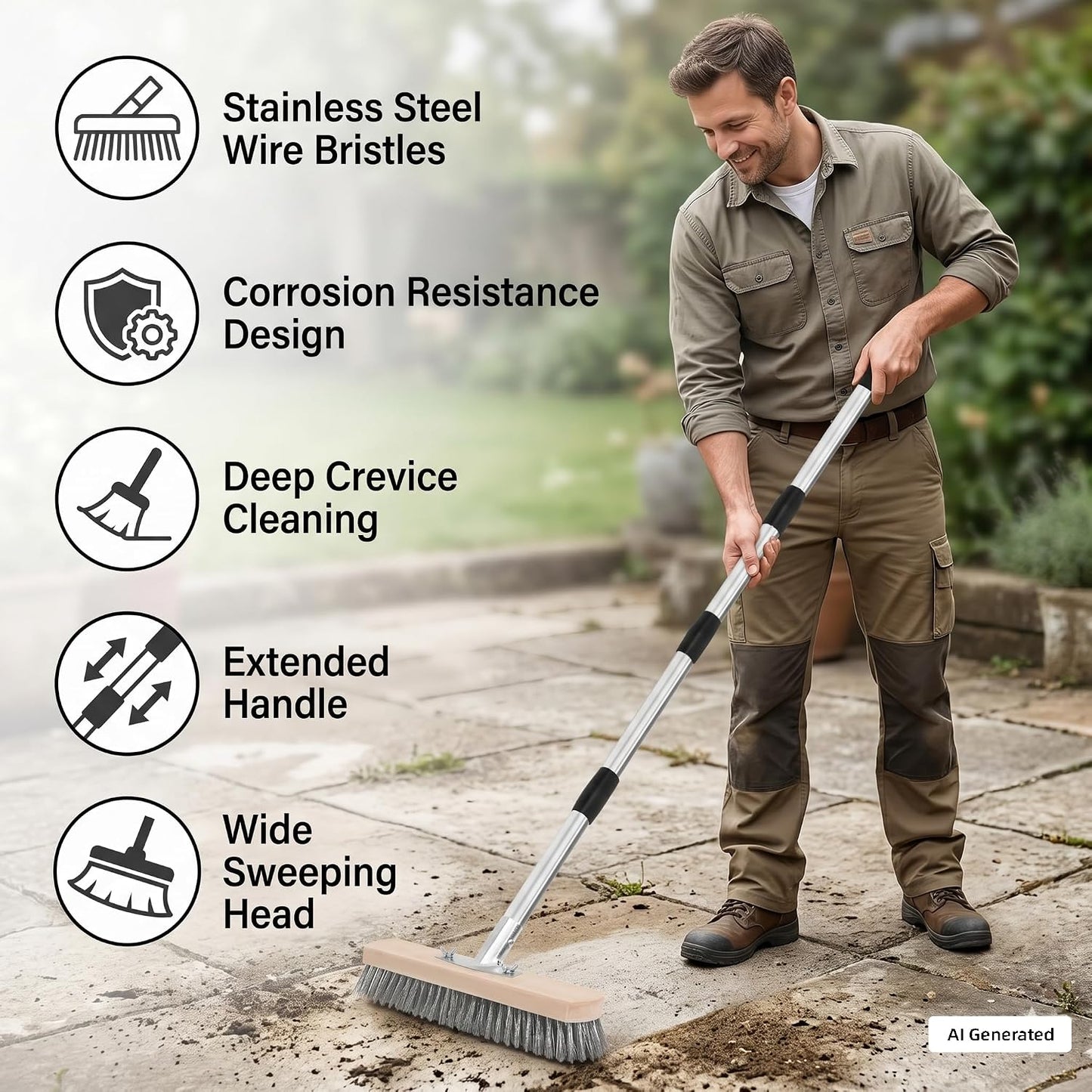Stainless Steel Wire Scrub Brush with Long Handle, Heavy Duty Floor Scrubber Brush, Moss Remover Wire Broom for Deck, Rough Surface, Concrete Floor, Patio, Garden, Garage BST202