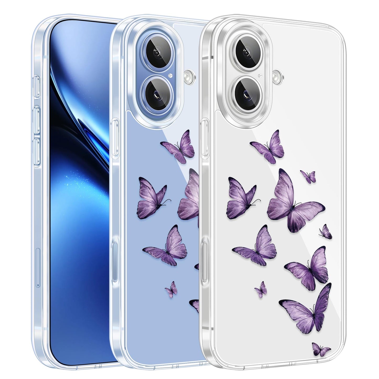 Cute Girly Crystal Clear Case Compatible with iPhone 16 Pro, Camera Control & Shockproof Protection Floral Case for Women, Blue Butterflies WN420