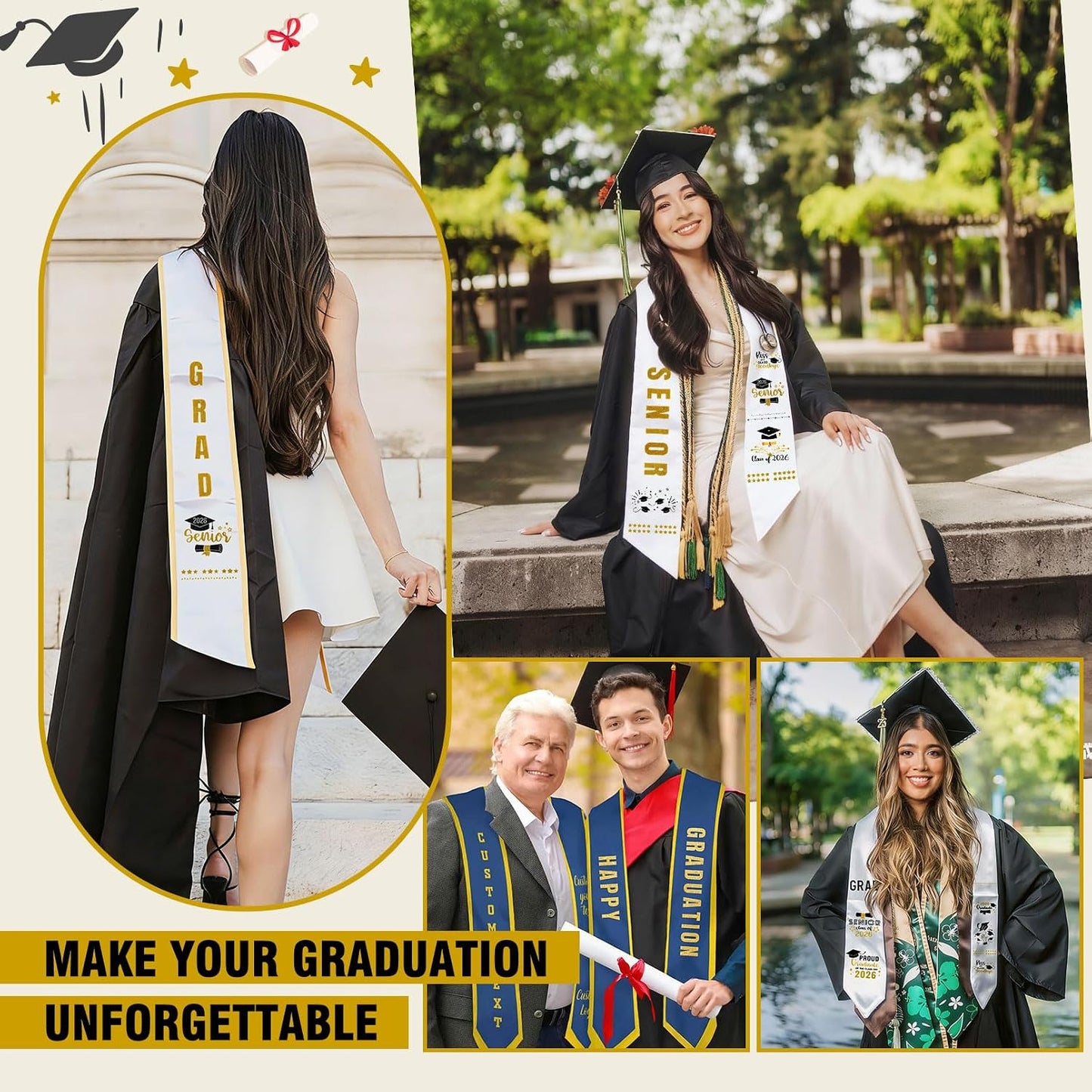 Graduation Stole Sash Class of 2026 Iron on Transfers - Personalized DIY Heat Transfer Vinyl HTV Cutouts Set for Custom Graduation Sash Cap and Gown Decorations BST220