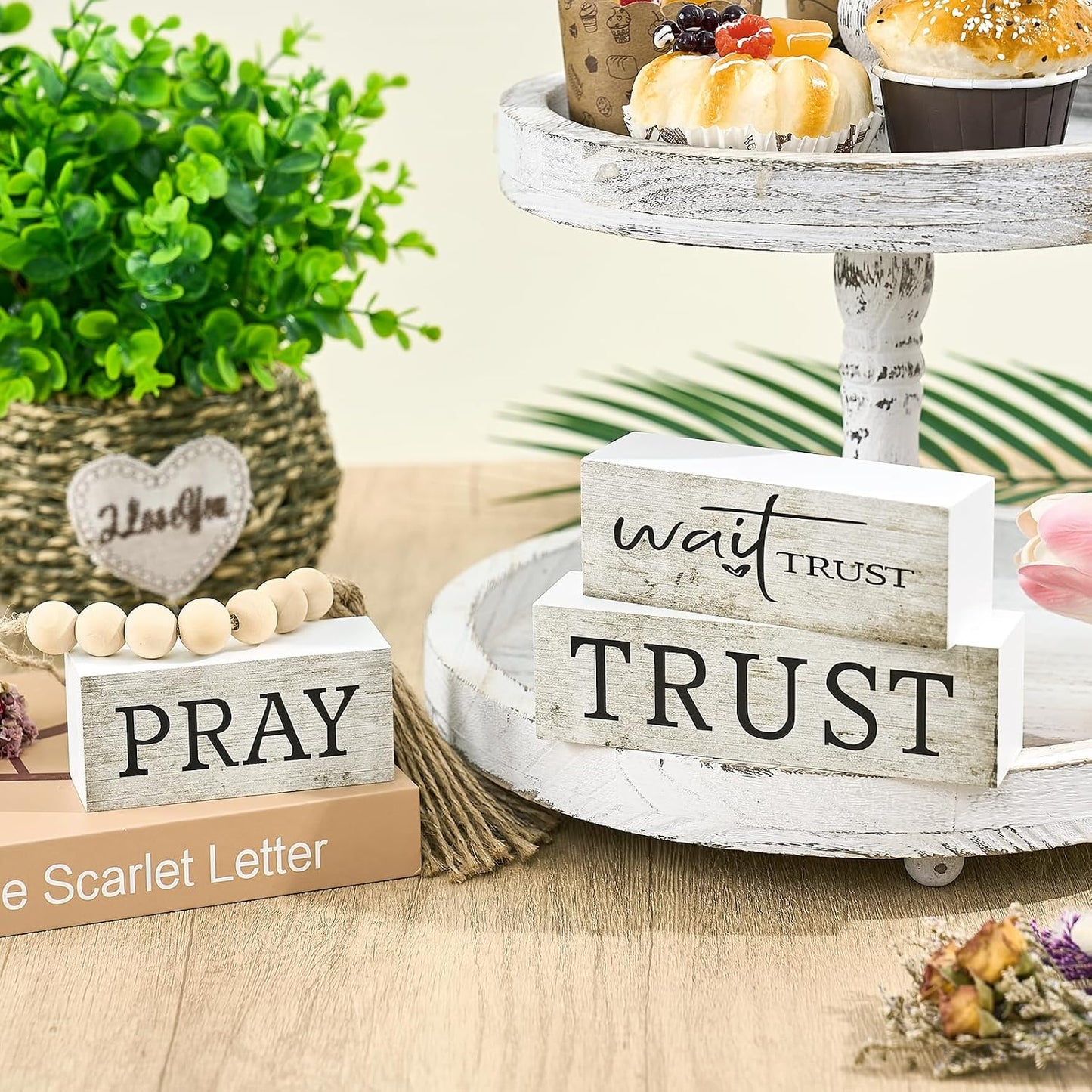 4 Pcs Pray Wait Trust Wooden Blocks Set, Christian Tabletop Decor with Bead Garland, Bible Verse Desk Centerpiece, Farmhouse Religious Wood Signs for Home Shelf, Office, Prayer Space BST220