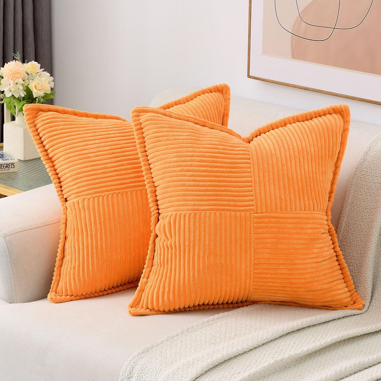 HAUSSY Pack of 2 Corduroy Throw Pillow Covers26x26 Inch, Rust | Decorative Striped Soft Boho Farmhouse Pillowcases, Machine Washable, Couch Bed Sofa Living Room Home Decor, No Insert BST202