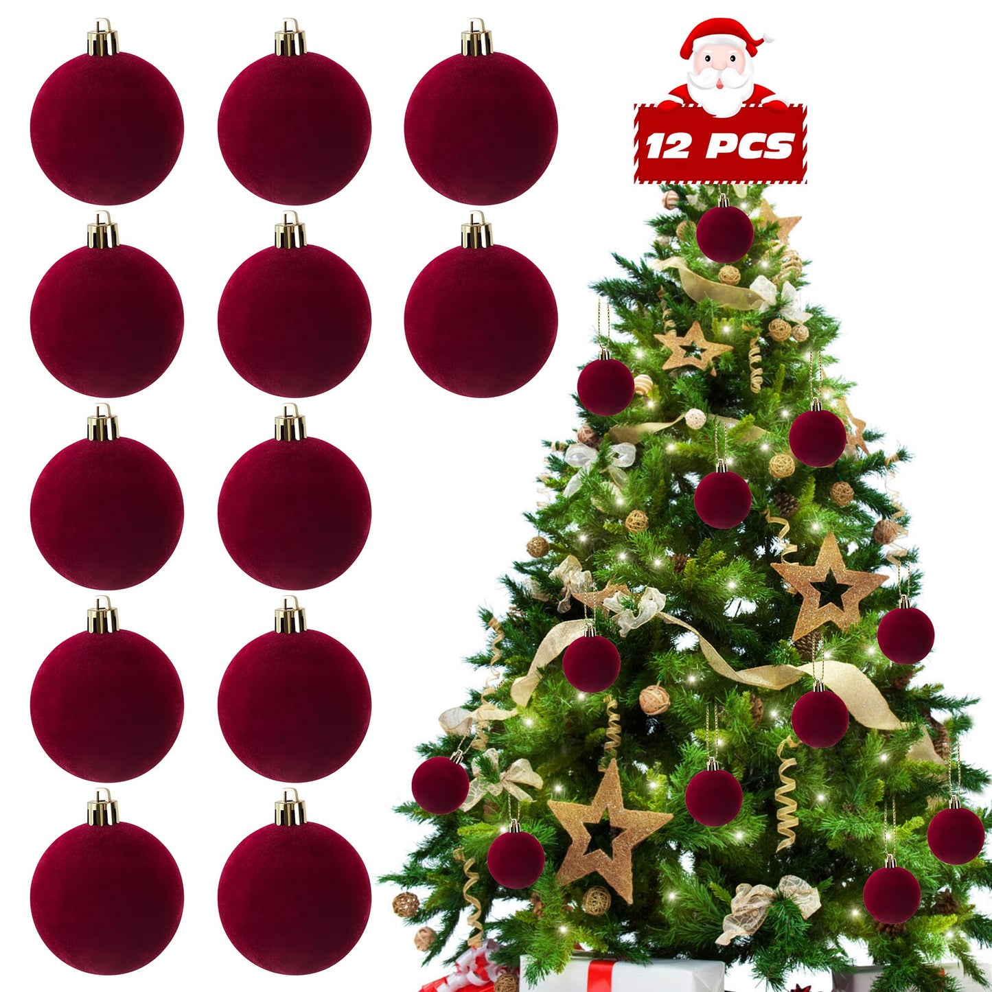 12 PCS Velvet Ornaments for Christmas Tree Decorations, Elegant Velvet Christmas Ornaments Balls, Shatterproof Xmas Decorative Hanging Ornaments(Brown, Green, Light Khaki,2.36 Inch) BST202