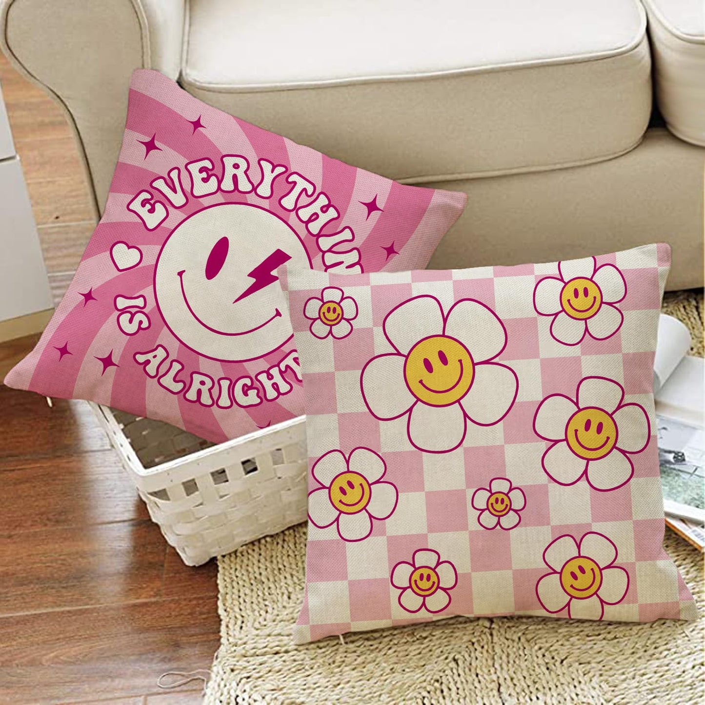 Groovy Smiling Face Inspirational Decorative Throw Pillow Covers | 20 x 20 Set of 4, Pink Hippie Smile Flower Porch Outdoor Home Decor, Motivational Quote Everything is Alright Couch Cushion BST202