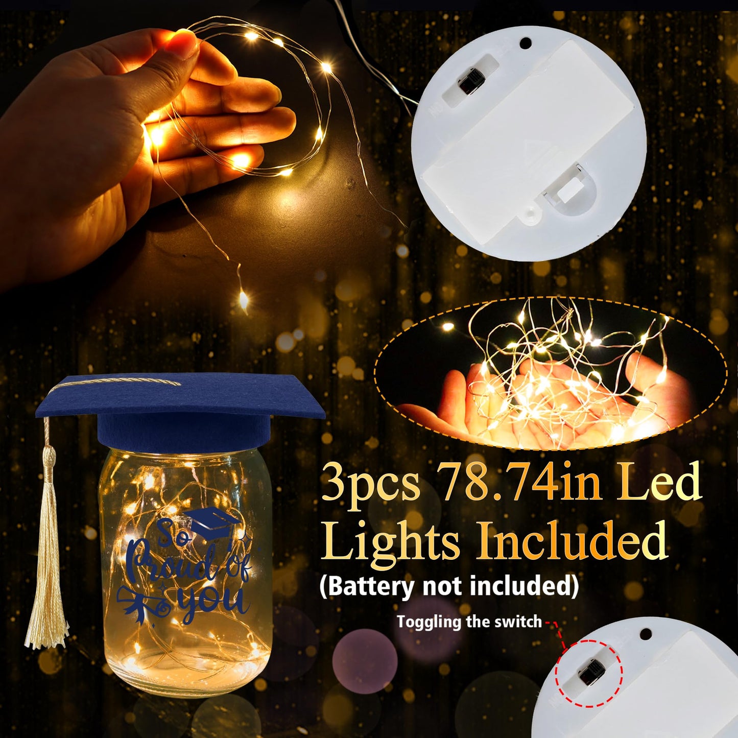 3 Sets 2026 Graduation Centerpieces for Tables, Glowing Mason Jar Centerpieces with Graduation Caps, Glowing Money Jars for College High School Congrats Grad Party Decor Supplies WN420