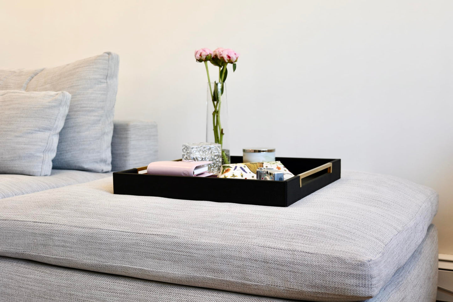 Sagala 16"x16" Ivory Shagreen Leather Serving Tray with Handles for Ottoman Coffee Table, Stylish Decorative Tray for Living Room Modern Home Decor (Ivory-Black, Square 16") BST220