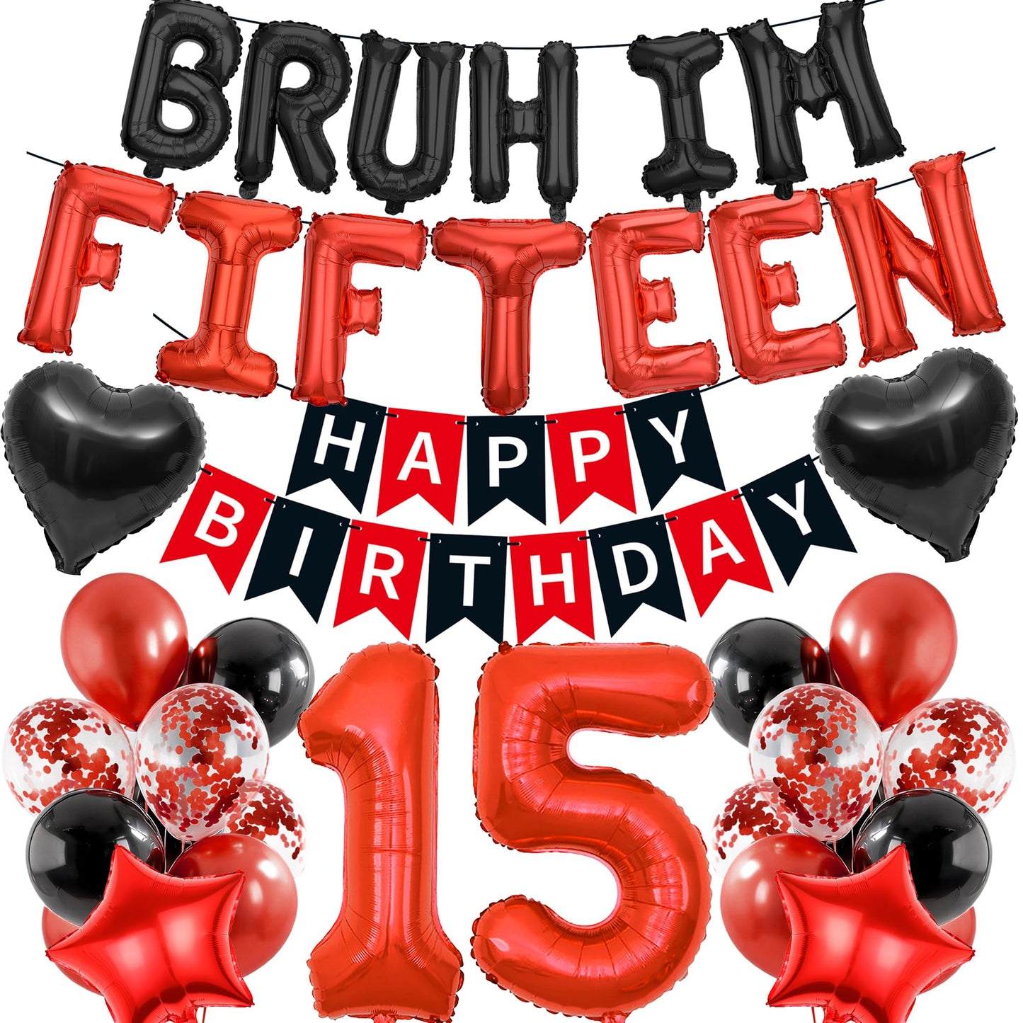 9th Birthday Decorations Boys Kit - 27 Pcs Red and Black Bruh Im Nine Balloon Banners Happy Birthday Fishtail Flags Number 9 Balloon Star Heart Balloons Set for 9 Year Old Party Decoration Supplies BST202