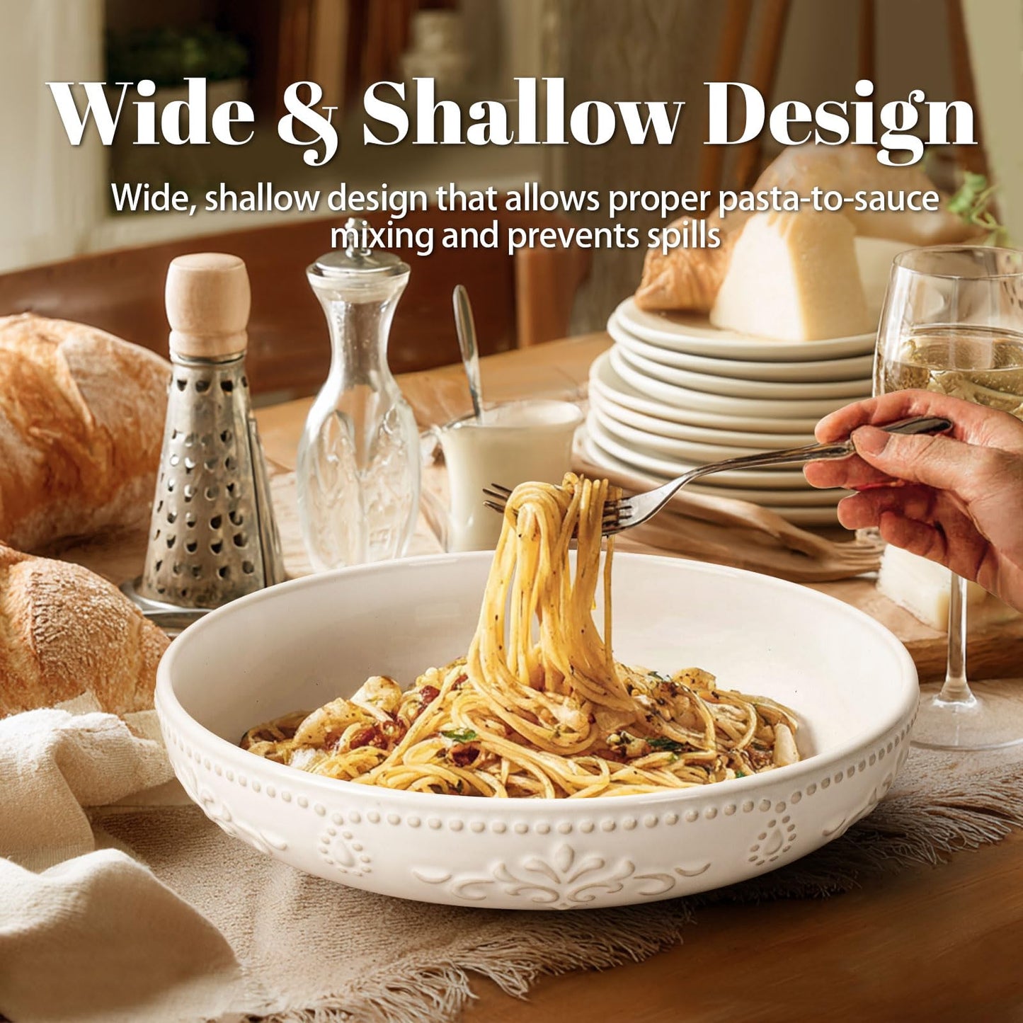 Artena Pasta Bowls, 50oz Large Salad Serving Bowls, 9.75'' Plates Bowls Set of 4, Big White Ceramic Soup Bowls for Kitchen, Embossment Shallow Dinner Bowl, Microwave Dishwasher Safe, Willow Leaf BST326H