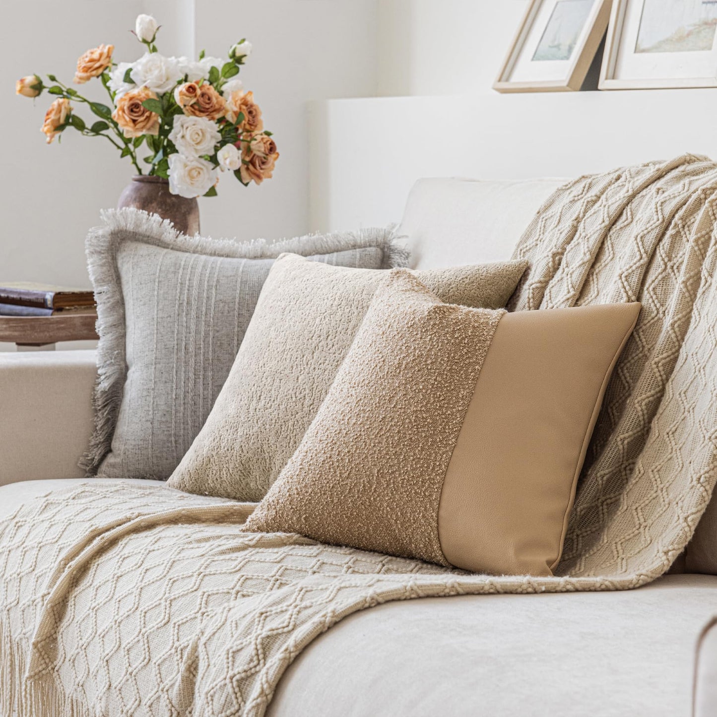 Set of 2 Fluffy Boucle Pillow Covers 18"x18", Oatmeal Textured Throw Pillow Covers with Faux Leather Accents, Boho Decorative Pillow Cases for Couch, Bed, or Farmhouse Home Decor BST220