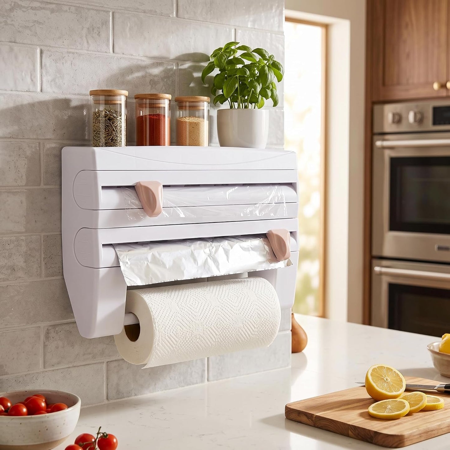 Plastic Wrap Dispenser Wall Mounted Paper Towel Holder with Side Button Inside Cutter No Drill Easy Installation Multifunctional Storage for Kitchen Cling Film Aluminum Foil Garbage Bags BST202