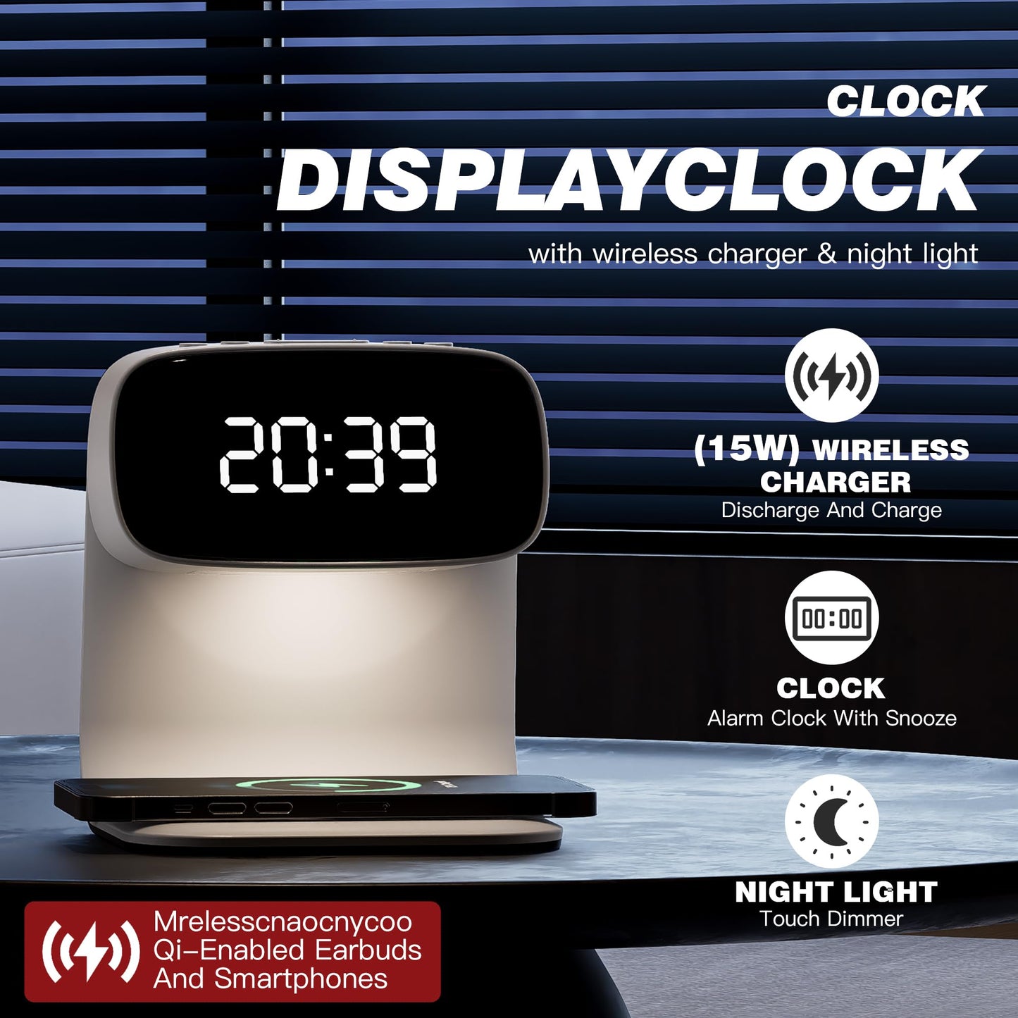 Digital Alarm Clock with Wireless Fast Charging Station 15W Touch Smart Lamp for Bedside,3 Colors Nightlight Adjustment Night Lamp for Living Room,Bedside,Heavy Sleepers (Woodgrain+Cable&Adapter) BST220